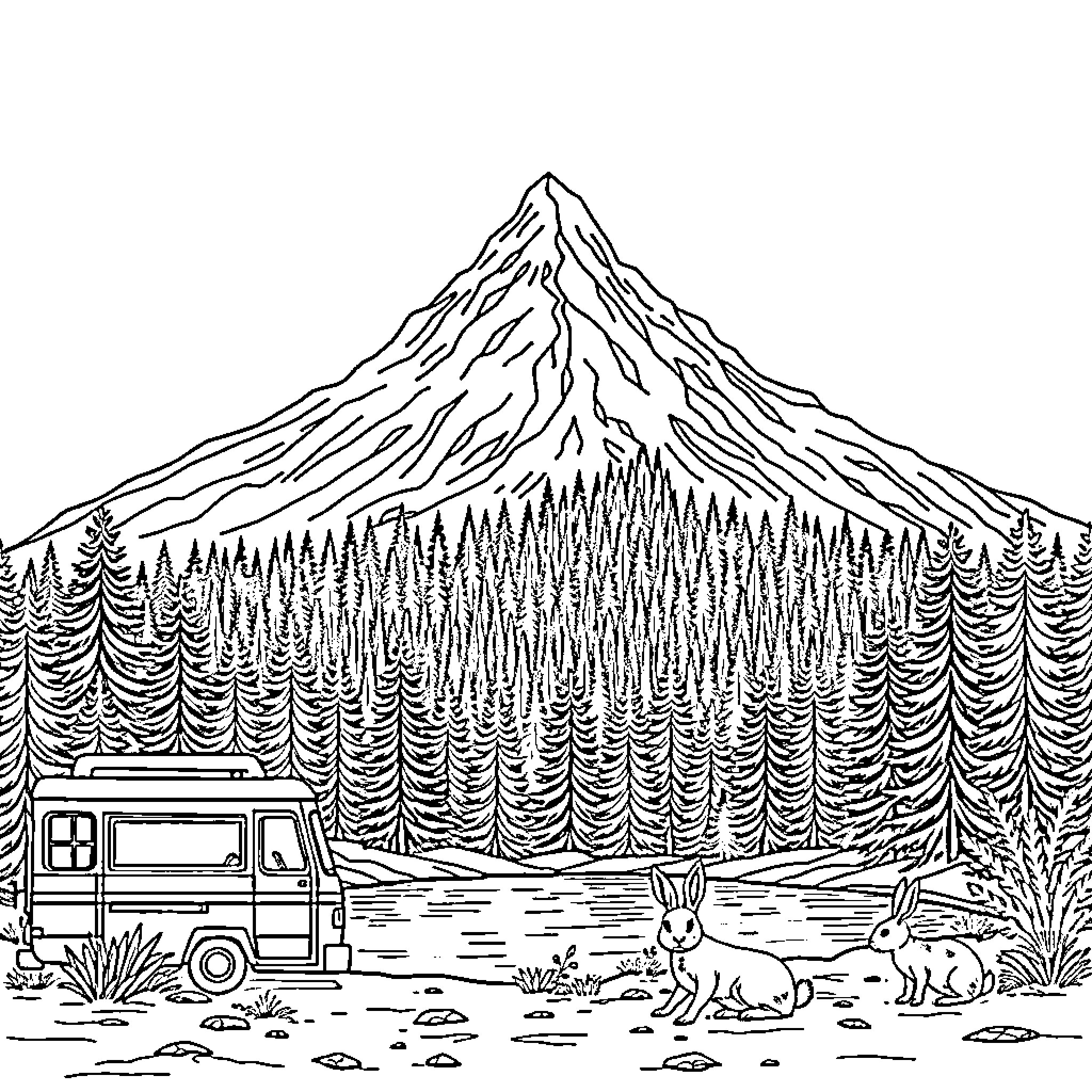 Rabbit exploring mountainous wilderness with camper van Coloring Page (free black-and-white line drawing printable PDF for all, from beginners to advanced learners, including children, teens, adults, and seniors)