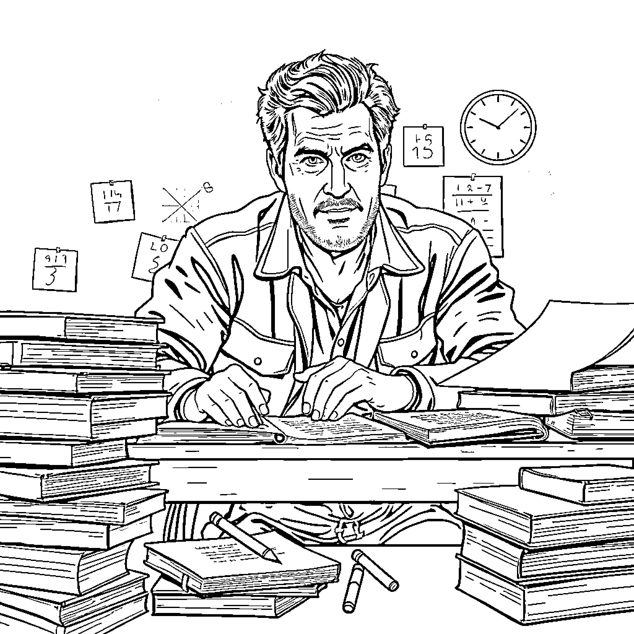 Bruce Campbell as a hardworking author surrounded by books Coloring Page (free black-and-white line drawing printable PDF for all, from beginners to advanced learners, including children, teens, adults, and seniors)