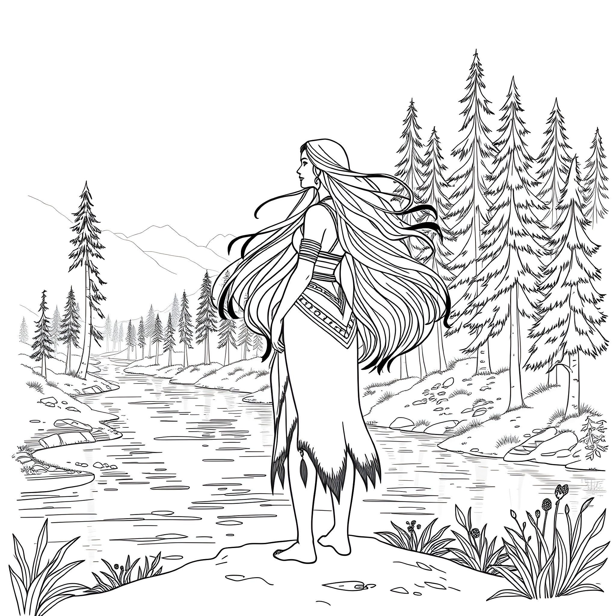 Pocahontas walking in the forest surrounded by pine trees Coloring Page (free black-and-white line drawing printable PDF for all, from beginners to advanced learners, including children, teens, adults, and seniors)