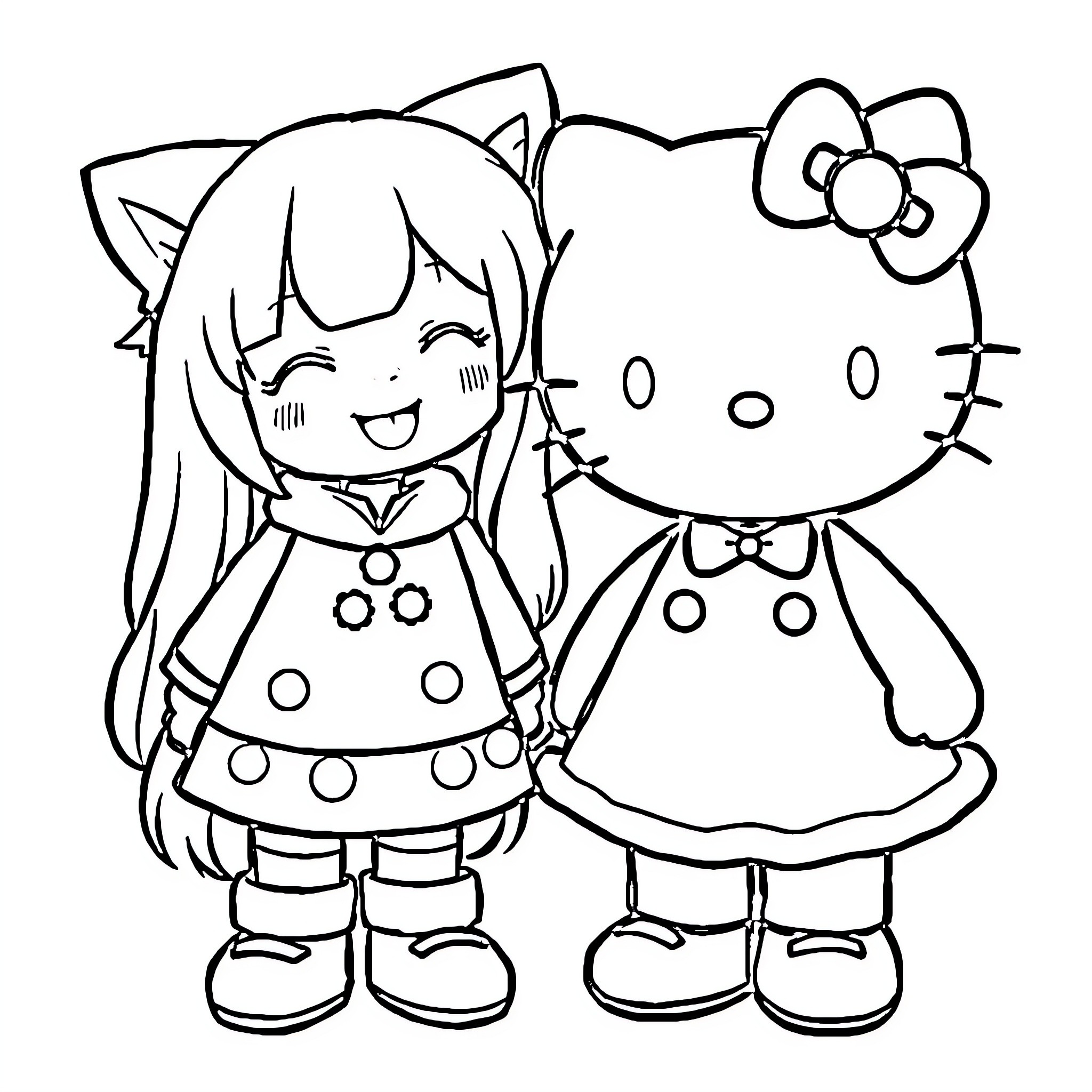Kuromi and Hello Kitty in Matching Outfits Coloring Page (free black-and-white line drawing printable PDF for all, from beginners to advanced learners, including children, teens, adults, and seniors)