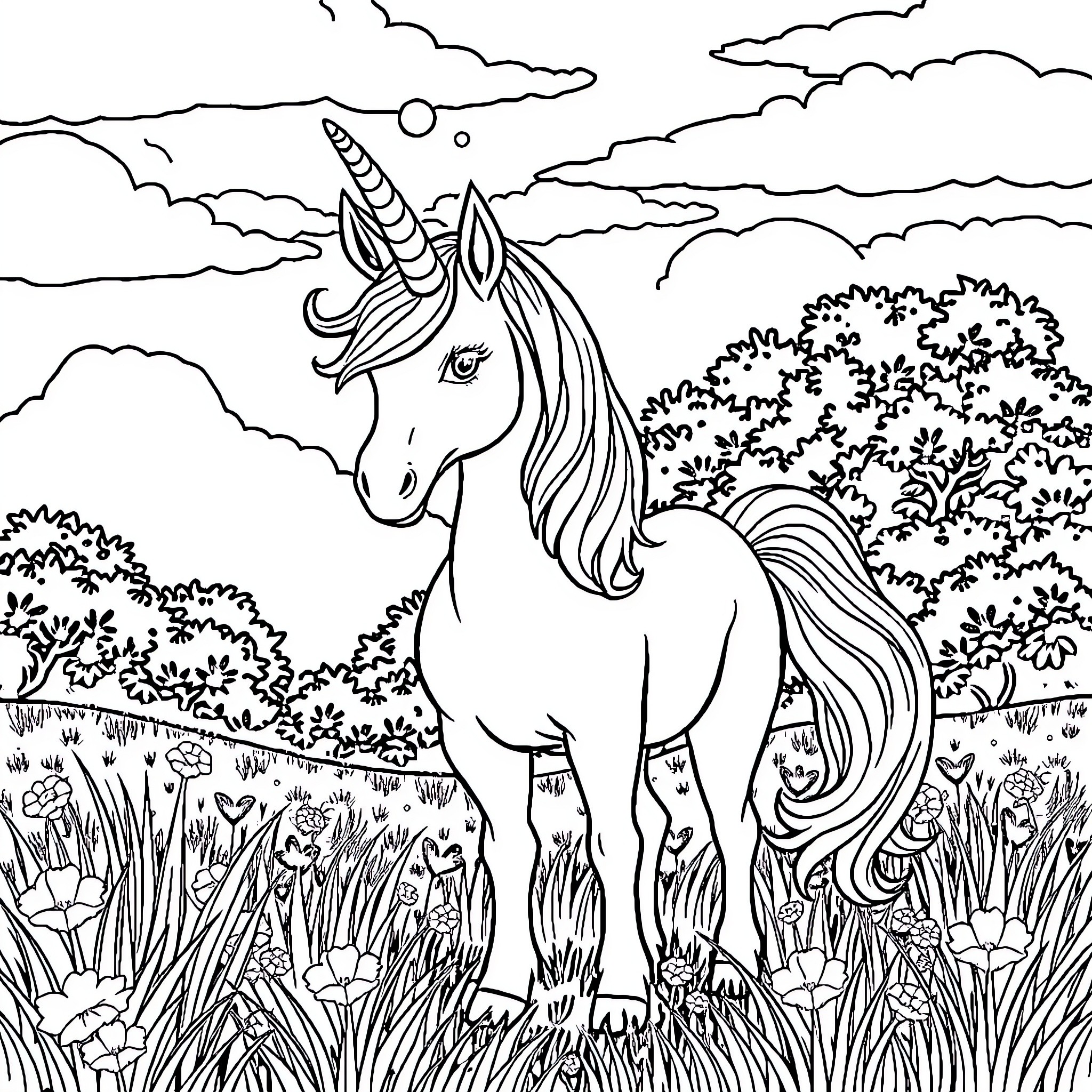 Unicorn standing tall in enchanted forest Coloring Page (free black-and-white line drawing printable PDF for all, from beginners to advanced learners, including children, teens, adults, and seniors)