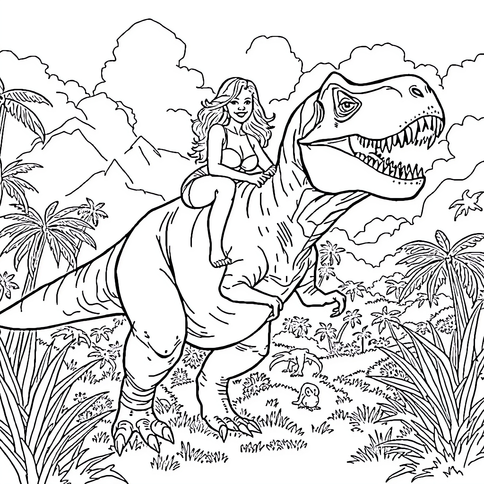 Pamela Anderson rides a fearsome dinosaur through a lush jungle Coloring Page (free black-and-white line drawing printable PDF for all, from beginners to advanced learners, including children, teens, adults, and seniors)