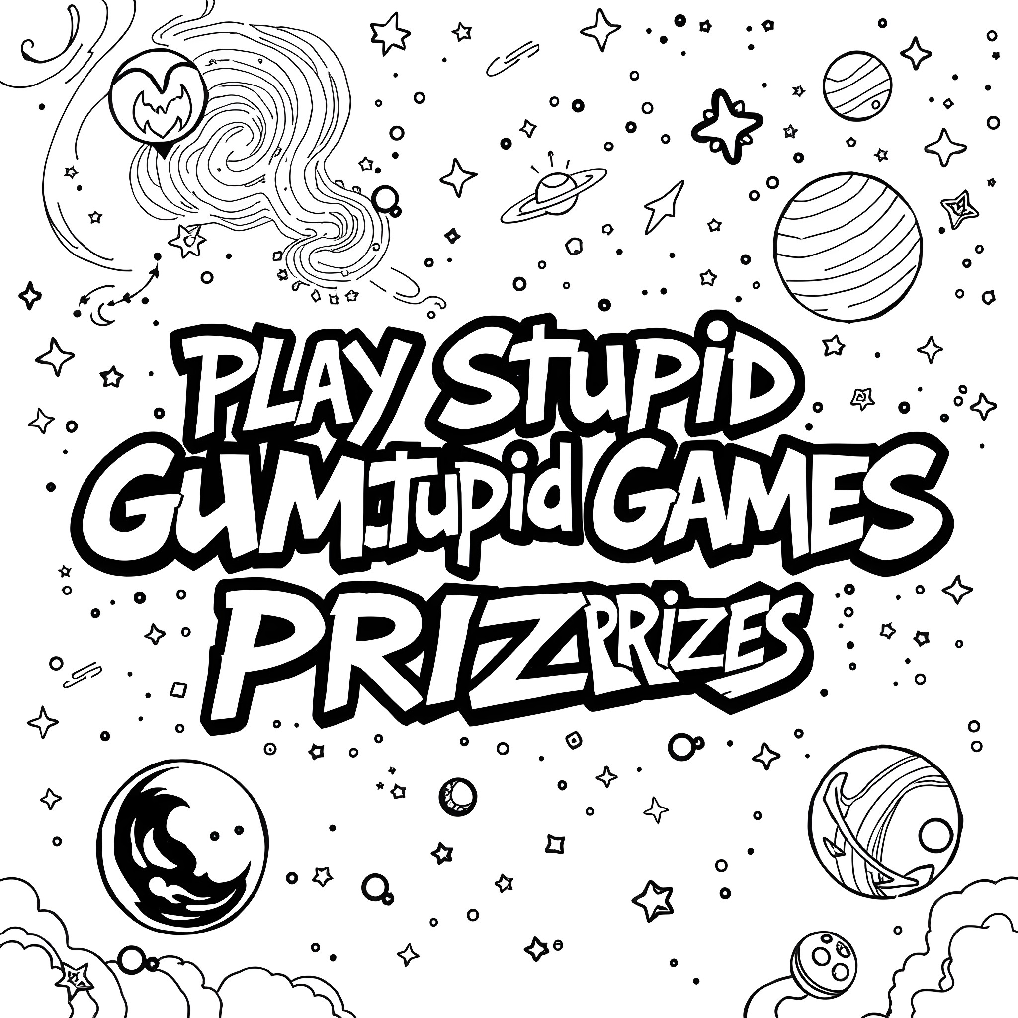 Graffiti of whimsical space elements and playful text Coloring Page (free black-and-white line drawing printable PDF for all, from beginners to advanced learners, including children, teens, adults, and seniors)