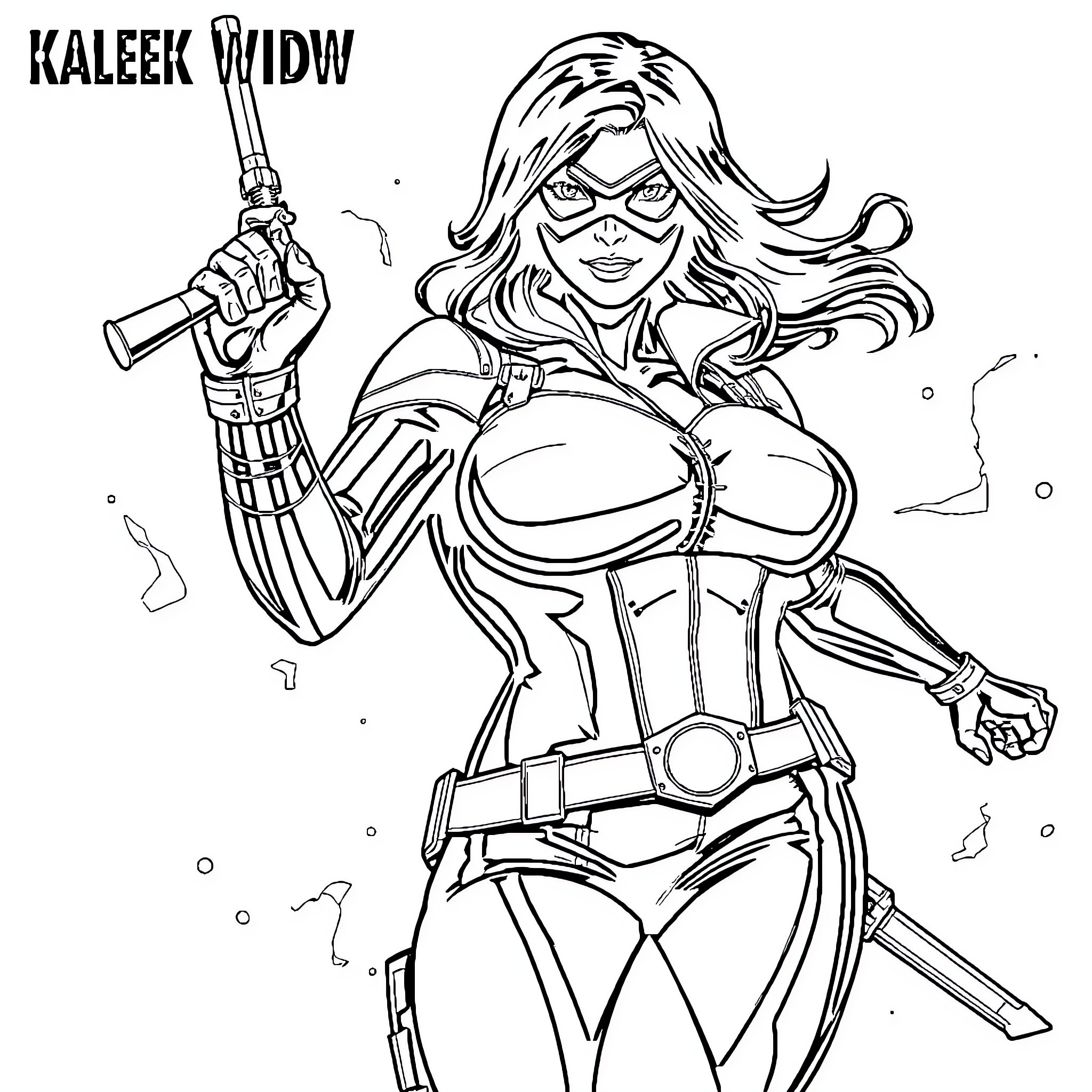 Black Widow in action with signature weapon Coloring Page (free black-and-white line drawing printable PDF for all, from beginners to advanced learners, including children, teens, adults, and seniors)