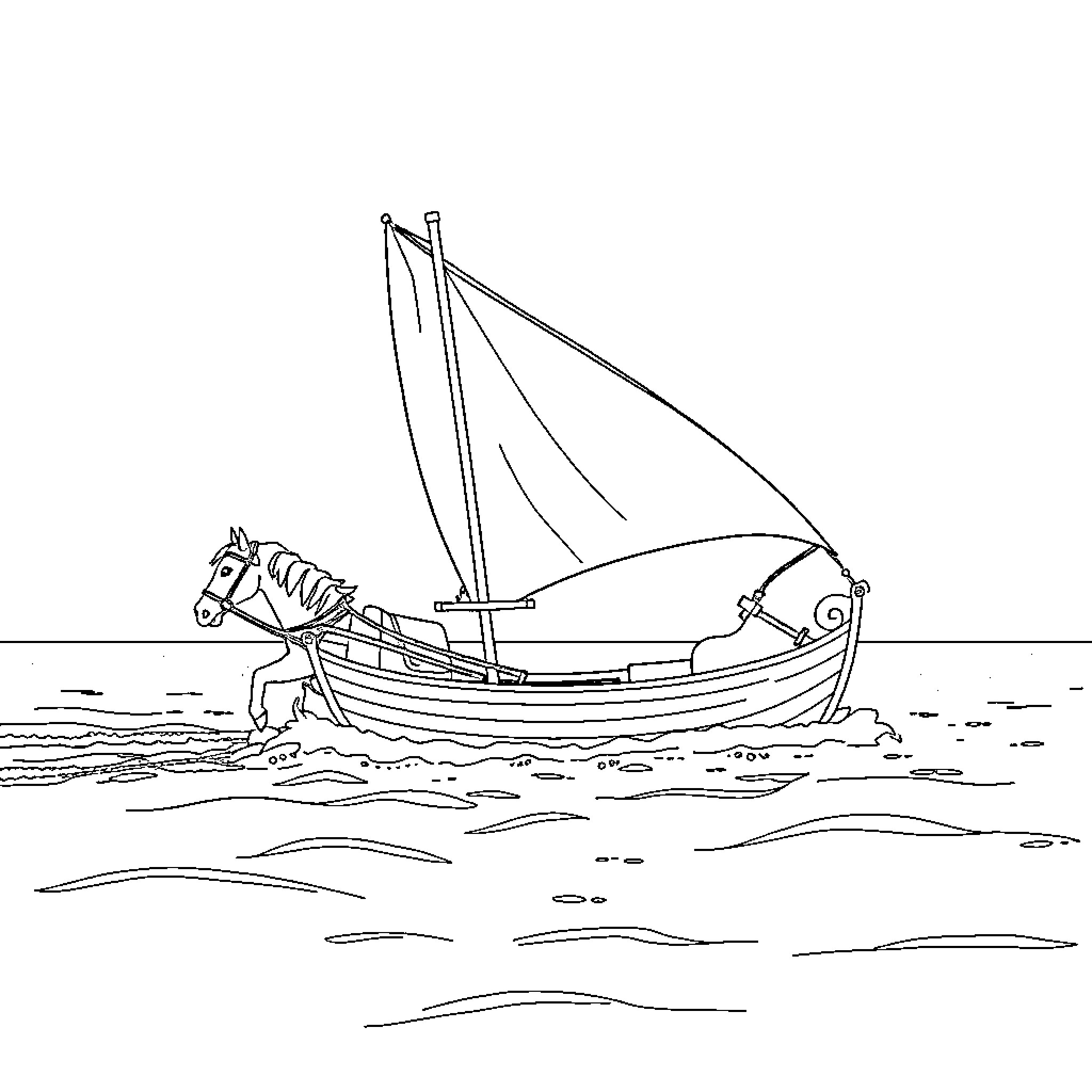 Horse-drawn sailing boat on the sea Coloring Page (free black-and-white line drawing printable PDF for all, from beginners to advanced learners, including children, teens, adults, and seniors)