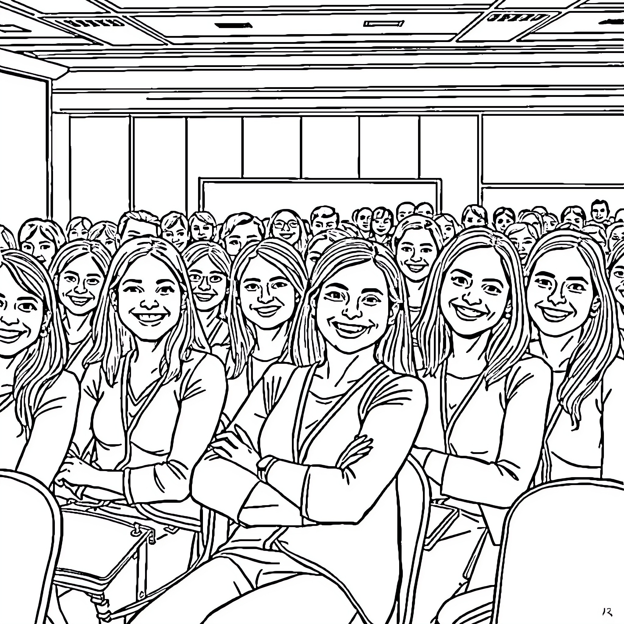 Teacher Addressing Classroom of Attentive Students Coloring Page (free black-and-white line drawing printable PDF for all, from beginners to advanced learners, including children, teens, adults, and seniors)