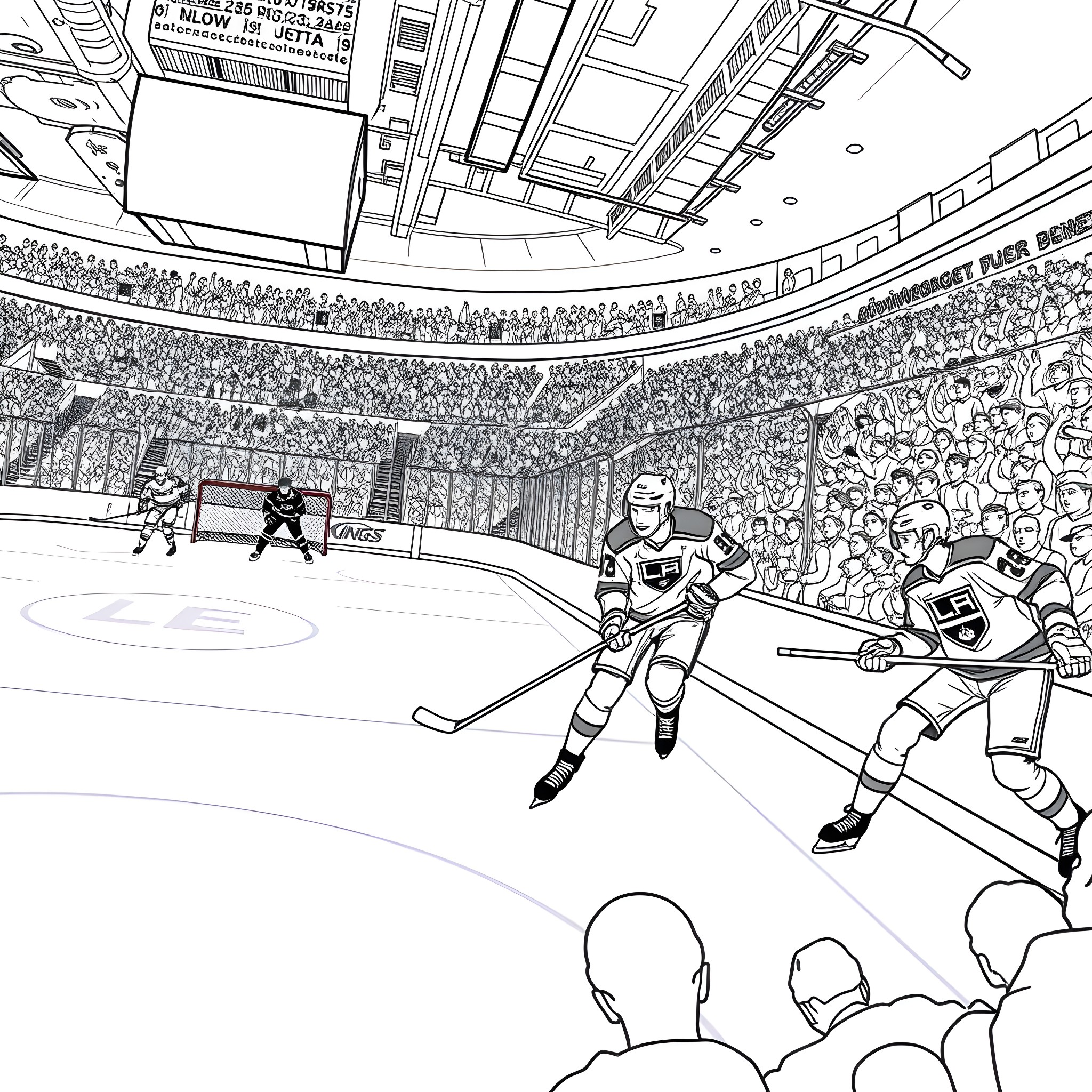 Kings Battling on the Icy Hockey Rink Coloring Page (free black-and-white line drawing printable PDF for all, from beginners to advanced learners, including children, teens, adults, and seniors)