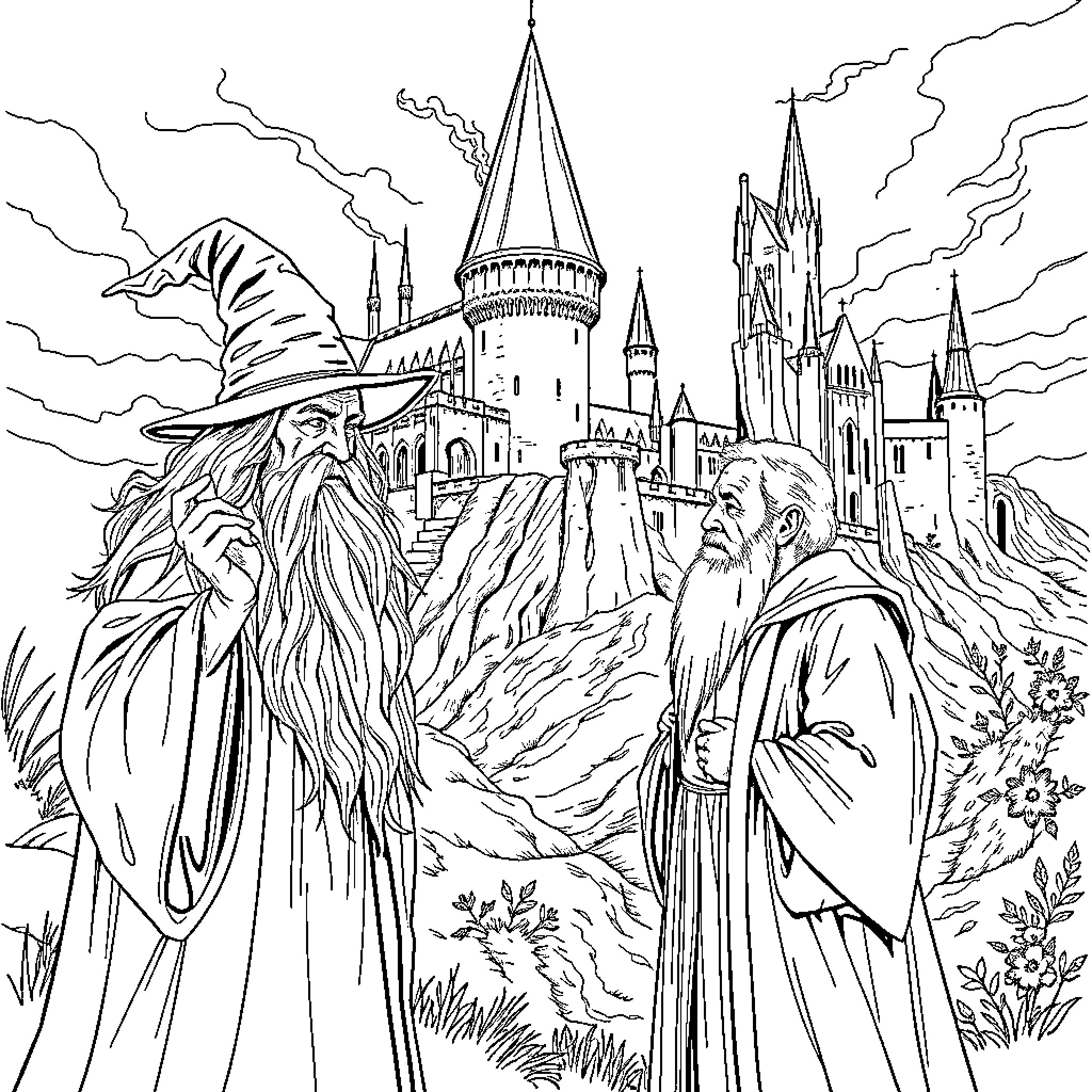 Gandalf the Wizard and his Companion in Fantasy Castle Coloring Page (free black-and-white line drawing printable PDF for all, from beginners to advanced learners, including children, teens, adults, and seniors)