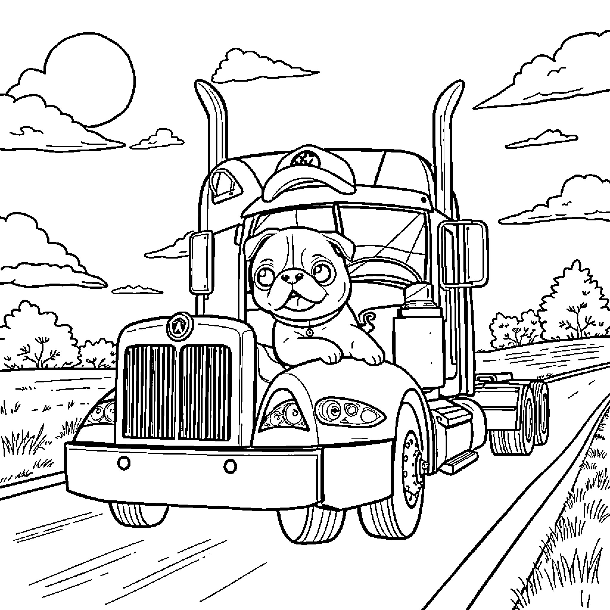 Pug driving a semi-truck on the open road Coloring Page (free black-and-white line drawing printable PDF for all, from beginners to advanced learners, including children, teens, adults, and seniors)