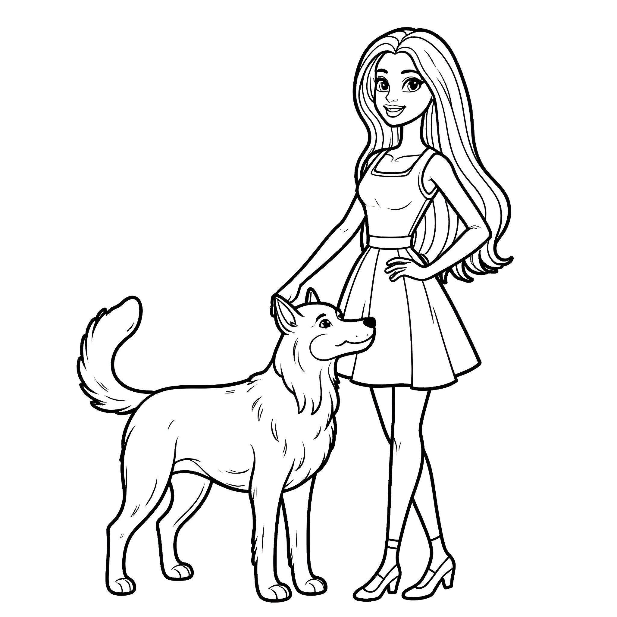 Barbie enjoying a day with her canine companion Coloring Page (free black-and-white line drawing printable PDF for all, from beginners to advanced learners, including children, teens, adults, and seniors)
