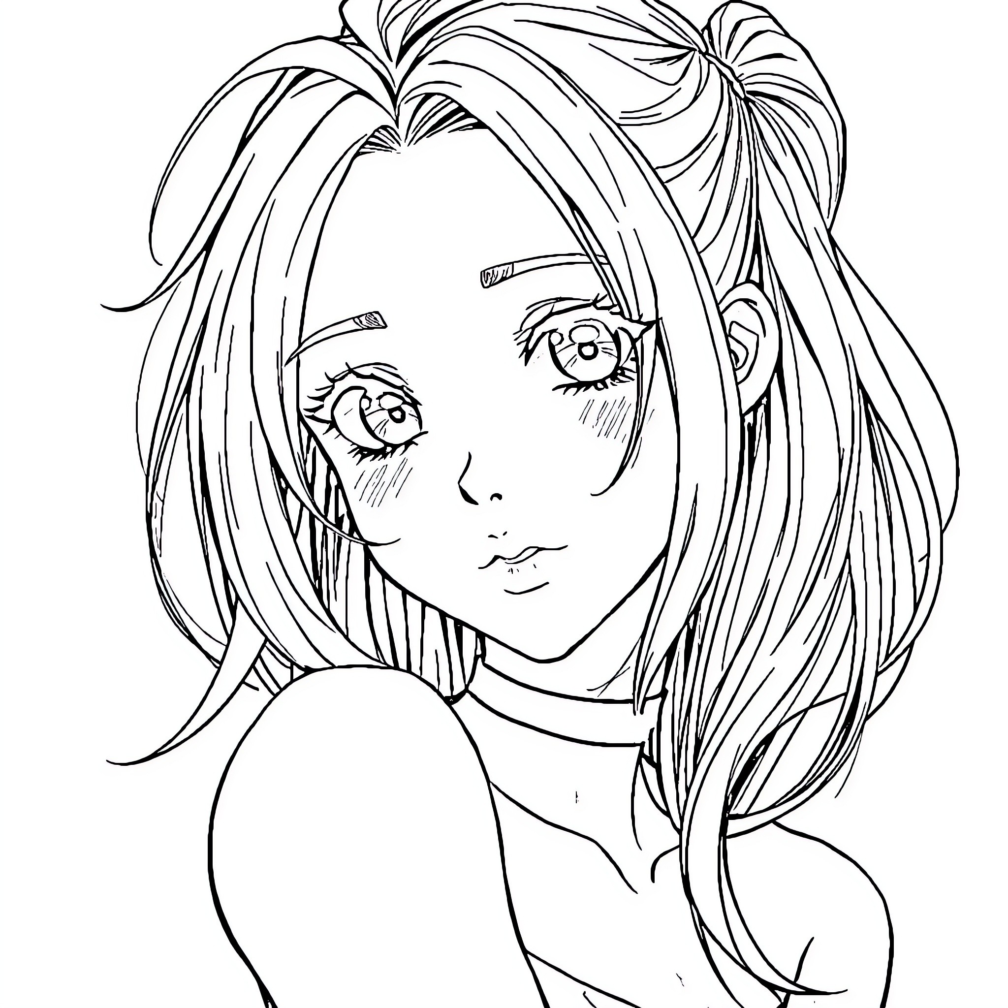 Anime Girl with Intricate Hairstyle Coloring Page (free black-and-white line drawing printable PDF for all, from beginners to advanced learners, including children, teens, adults, and seniors)