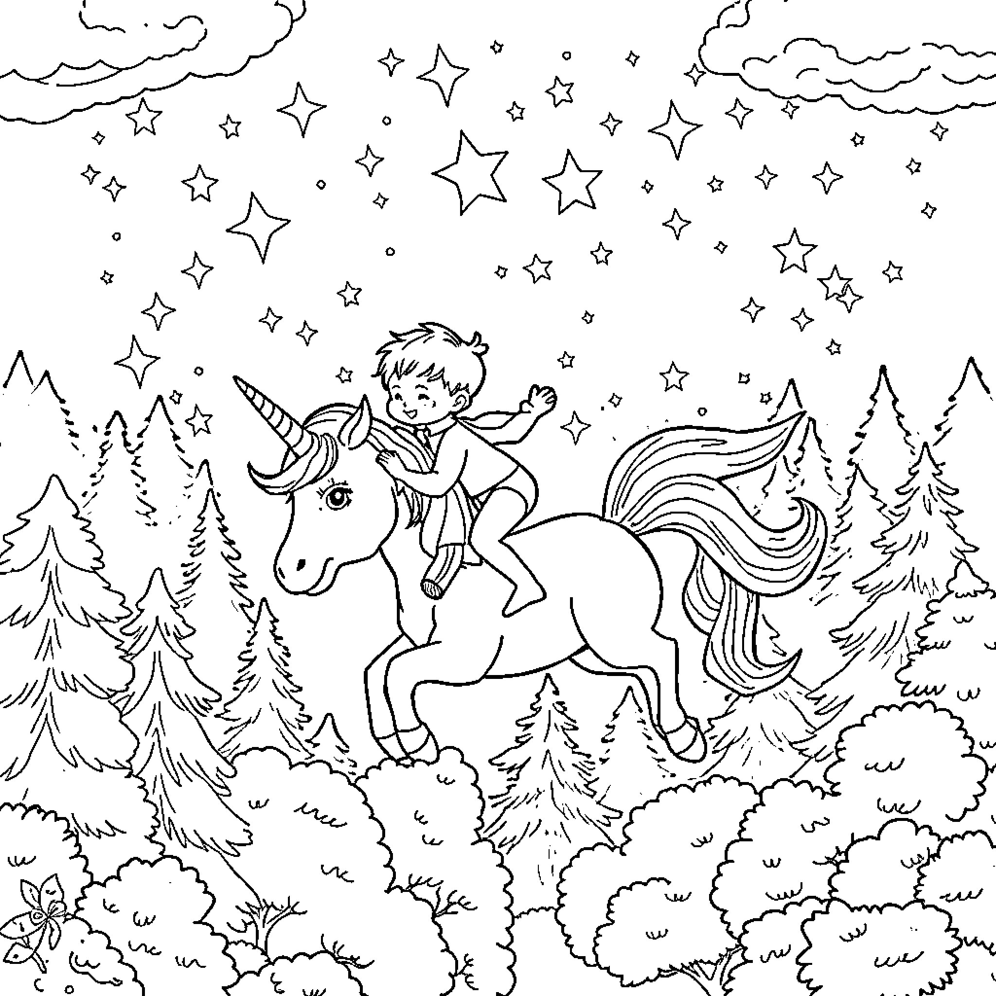 Unicorn and child adventure in the enchanted forest Coloring Page (free black-and-white line drawing printable PDF for all, from beginners to advanced learners, including children, teens, adults, and seniors)