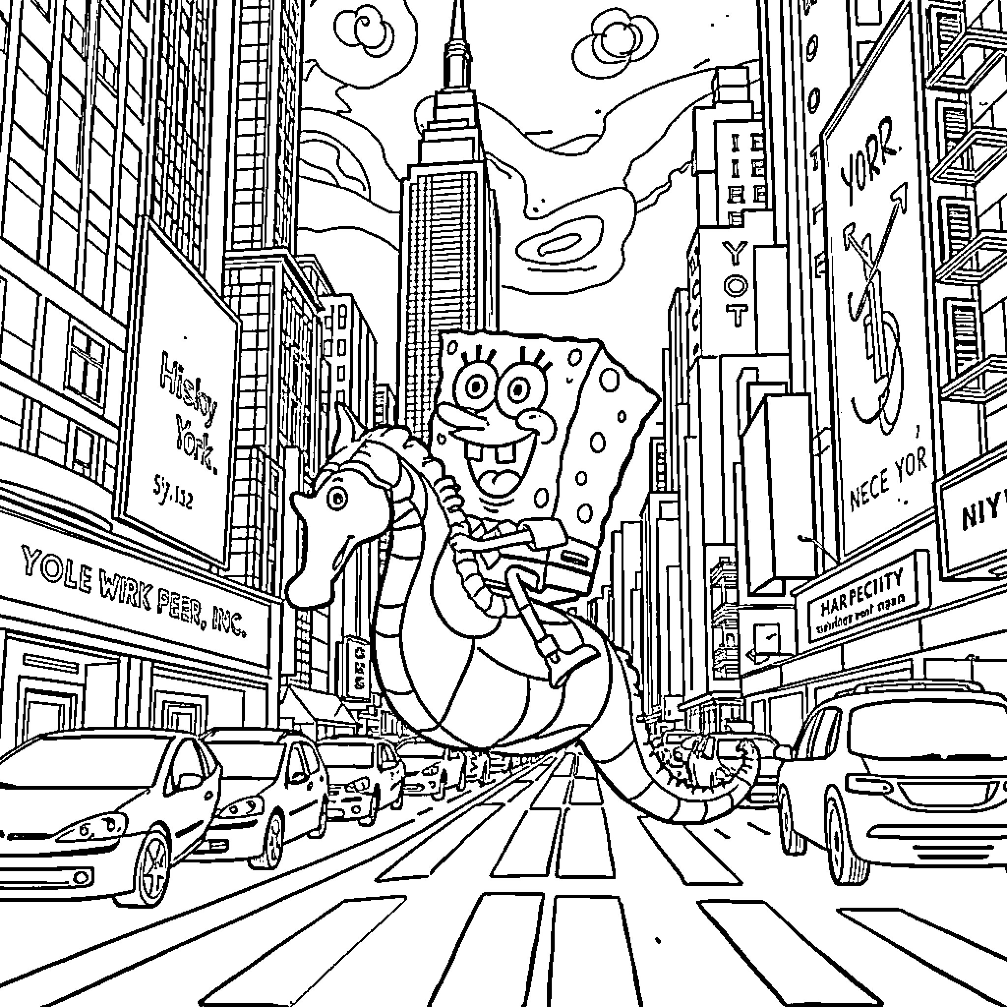 Spongebob's Colorful Adventure in the Big City Coloring Page (free black-and-white line drawing printable PDF for all, from beginners to advanced learners, including children, teens, adults, and seniors)