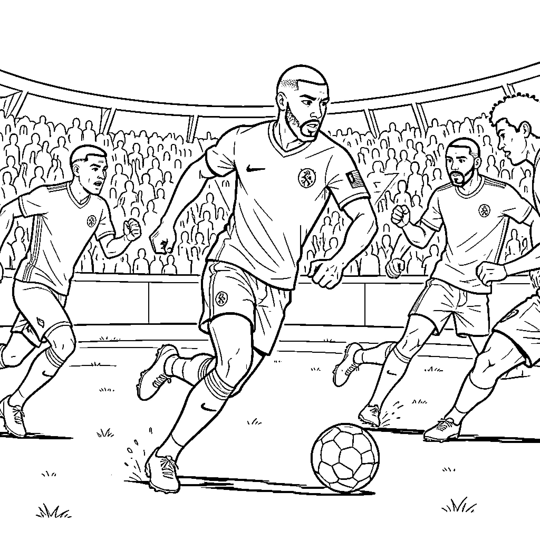 Mbappe dribbling a soccer ball during a match Coloring Page (free black-and-white line drawing printable PDF for all, from beginners to advanced learners, including children, teens, adults, and seniors)