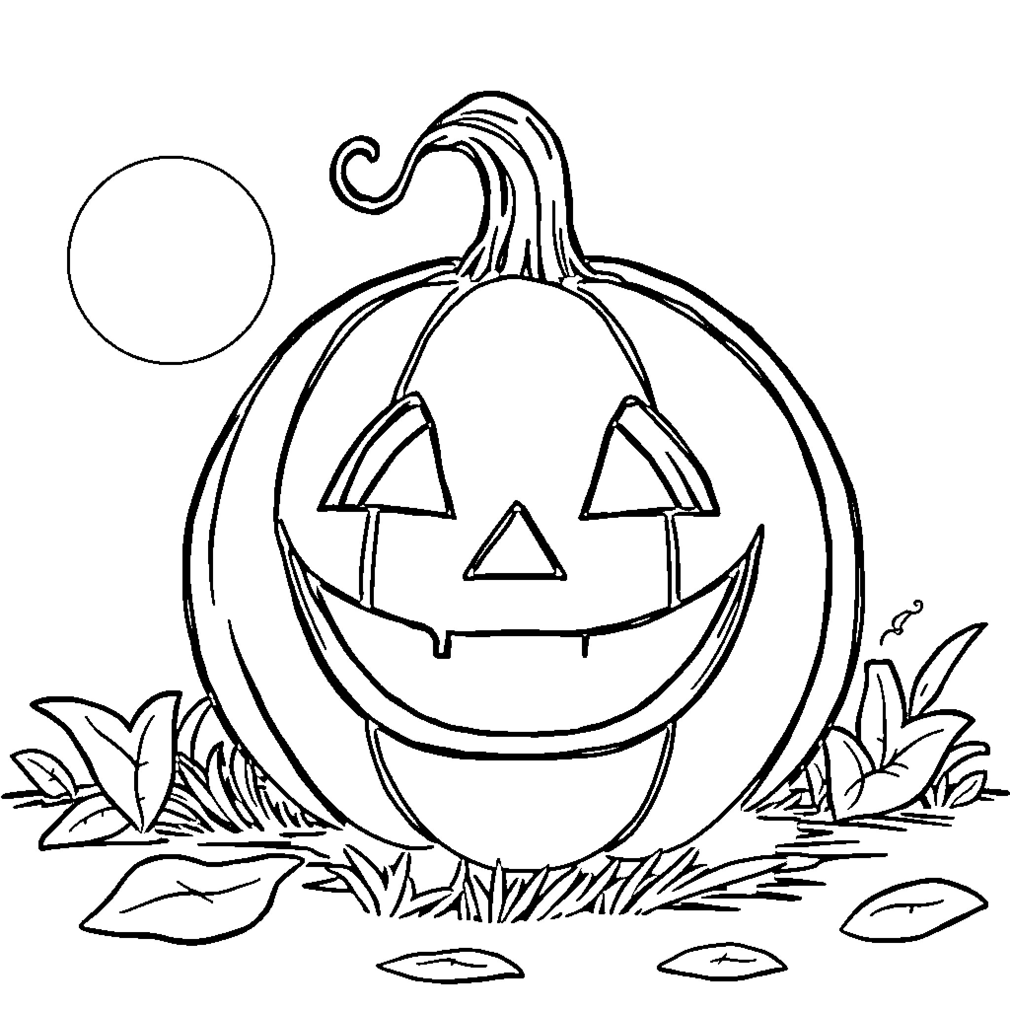 Jack-o'-lantern smiling in the moonlight Coloring Page (free black-and-white line drawing printable PDF for all, from beginners to advanced learners, including children, teens, adults, and seniors)