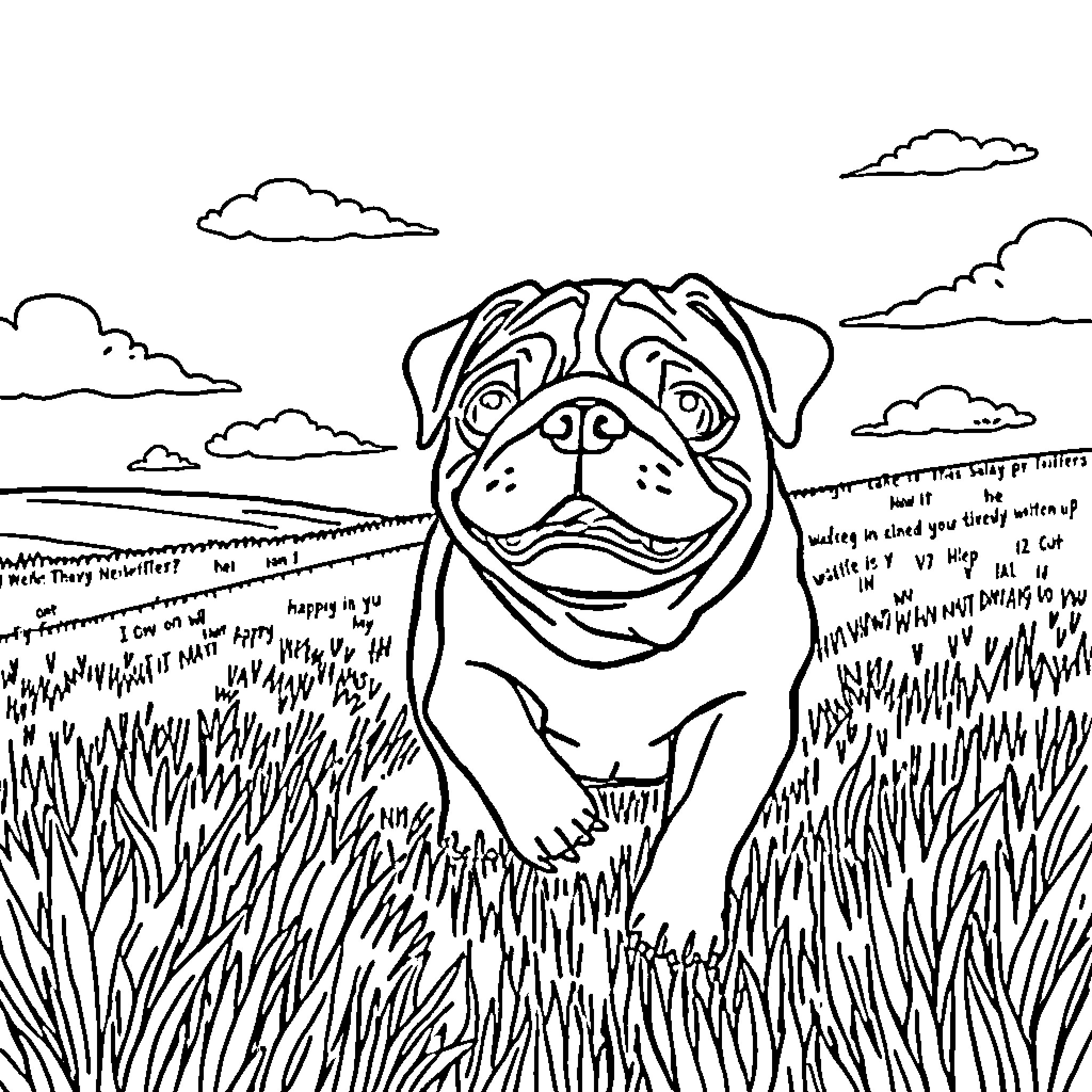 Pug enjoying a day out in nature Coloring Page (free black-and-white line drawing printable PDF for all, from beginners to advanced learners, including children, teens, adults, and seniors)