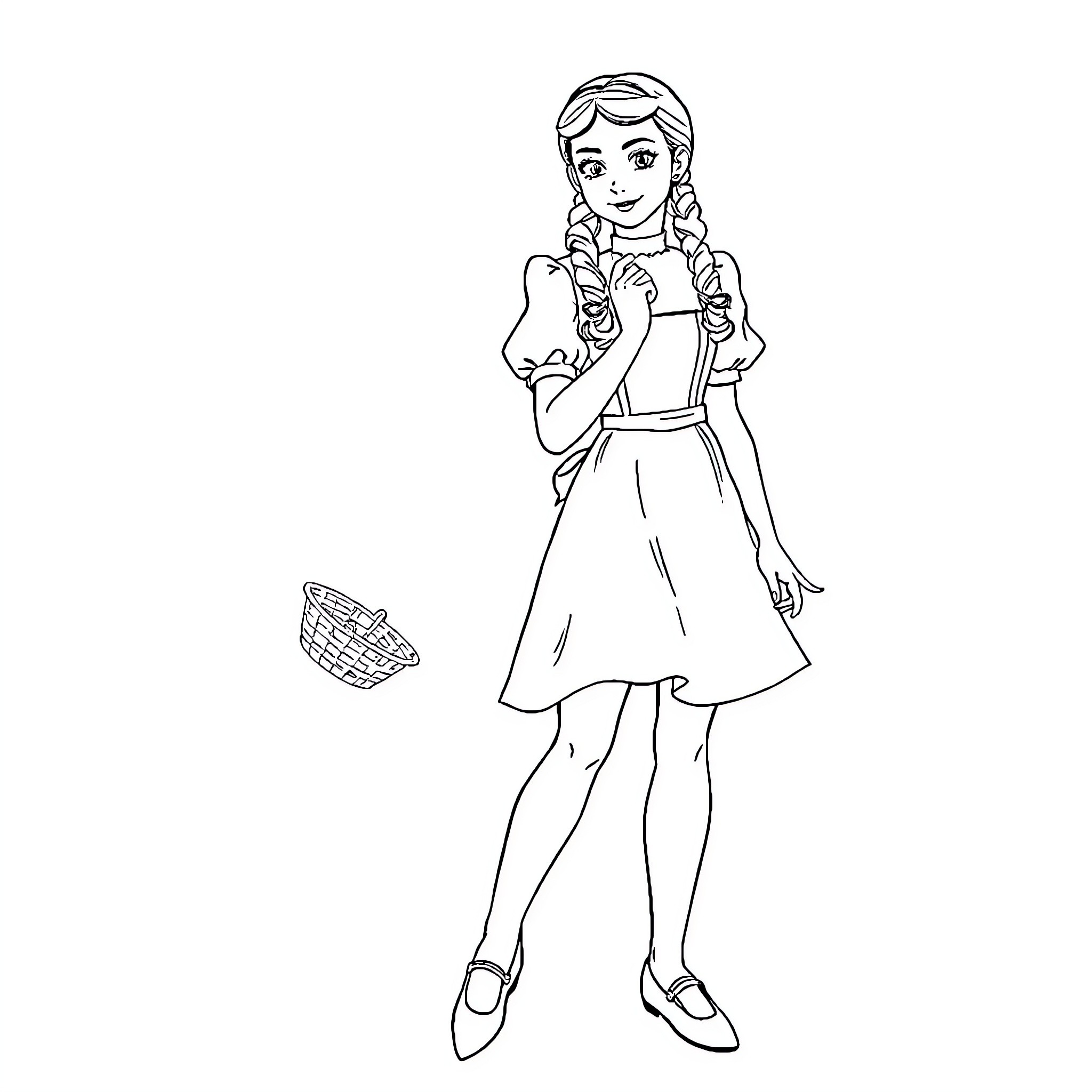 Dorothy's Joyful Countryside Stroll Coloring Page (free black-and-white line drawing printable PDF for all, from beginners to advanced learners, including children, teens, adults, and seniors)