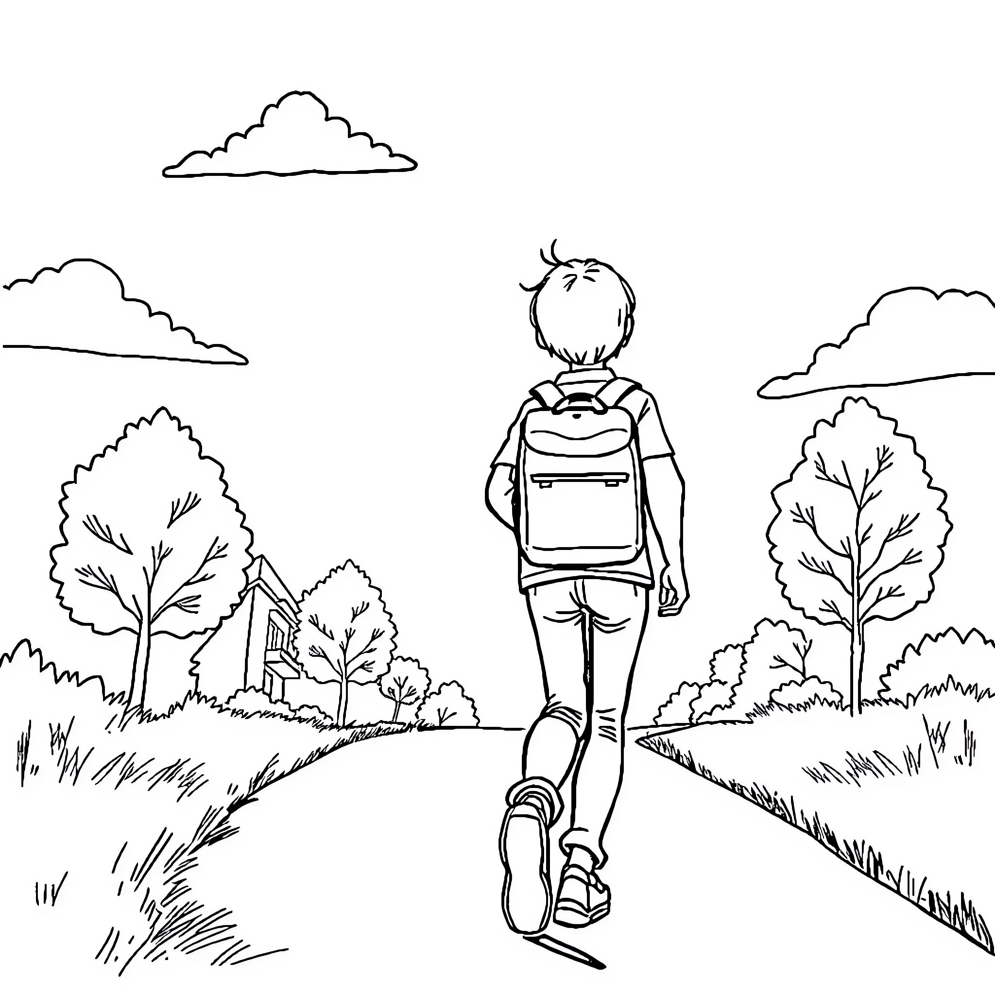 Teenager walking alone in nature Coloring Page (free black-and-white line drawing printable PDF for all, from beginners to advanced learners, including children, teens, adults, and seniors)