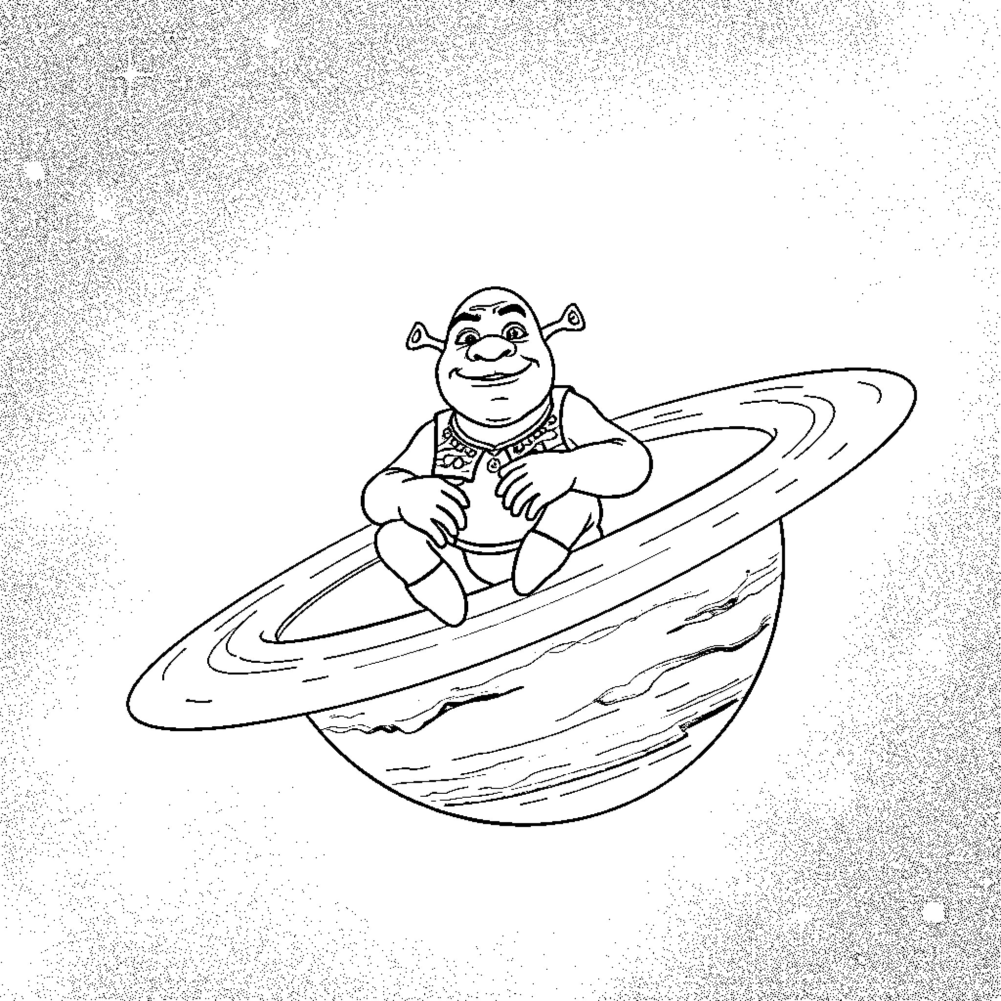 Shrek relaxing in a whimsical spacecraft Coloring Page (free black-and-white line drawing printable PDF for all, from beginners to advanced learners, including children, teens, adults, and seniors)