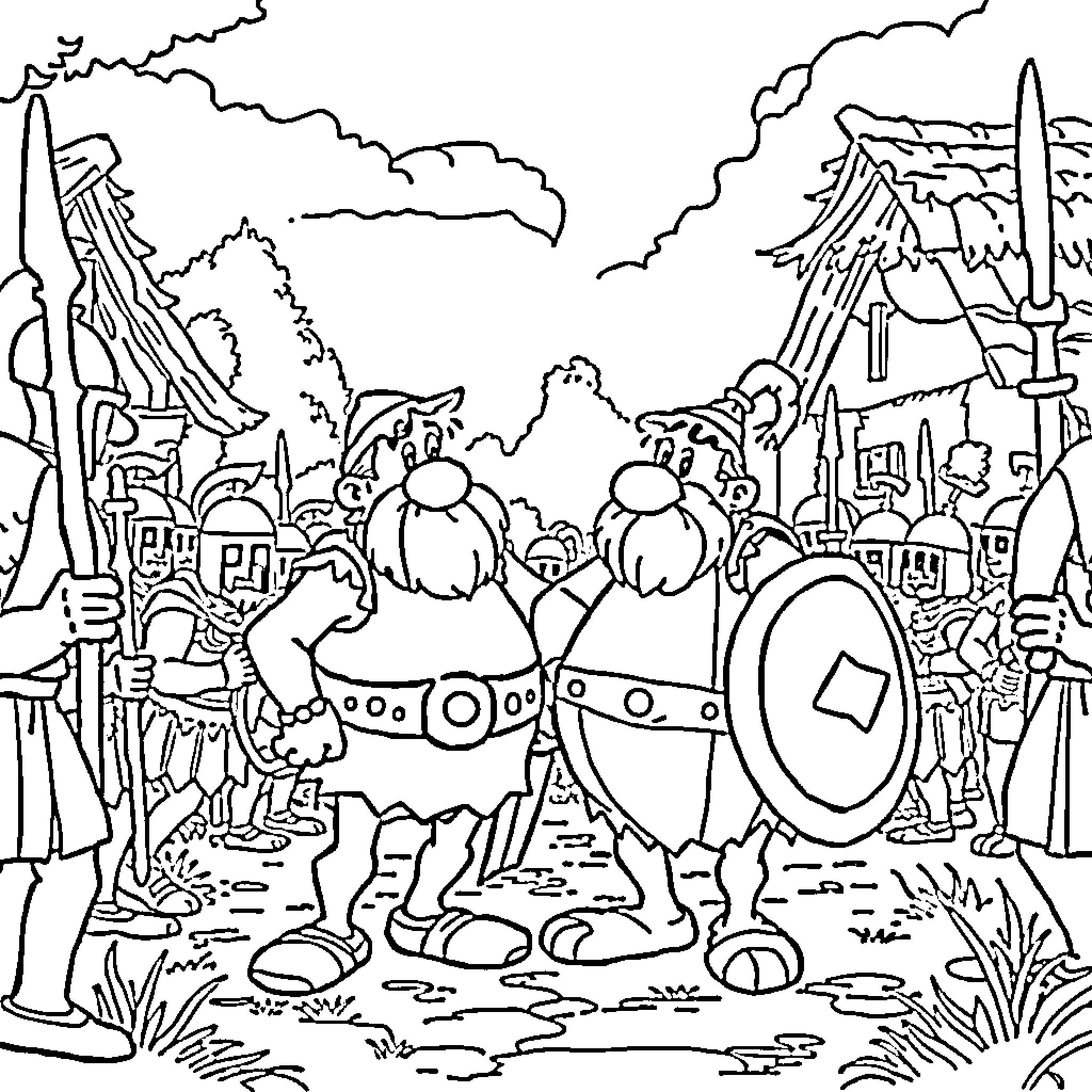 Asterix and his Gaulish companions in lively village scene Coloring Page (free black-and-white line drawing printable PDF for all, from beginners to advanced learners, including children, teens, adults, and seniors)