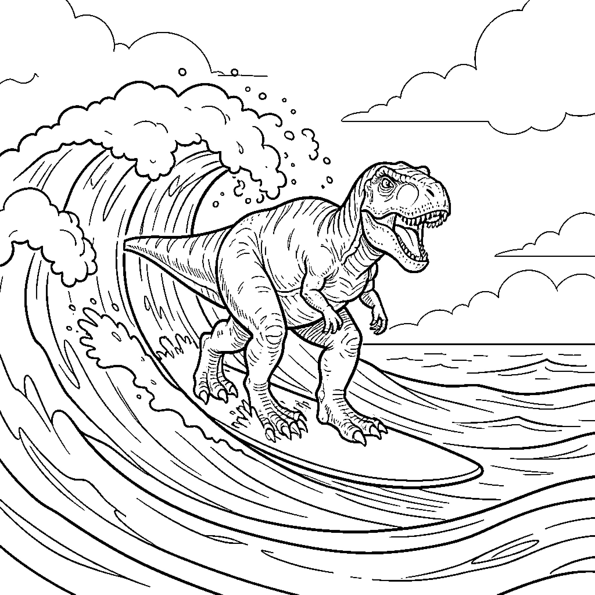 Dinosaur surfing on a large ocean wave Coloring Page (free black-and-white line drawing printable PDF for all, from beginners to advanced learners, including children, teens, adults, and seniors)