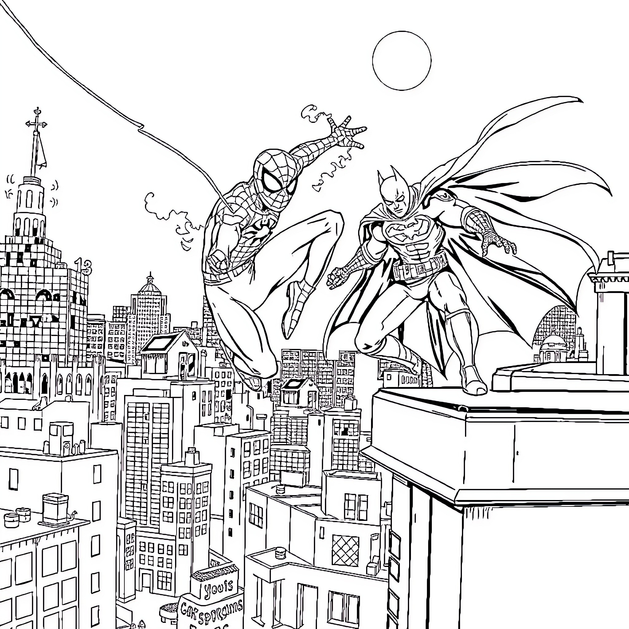 Spider-Man and Batman Battling Over the City Coloring Page (free black-and-white line drawing printable PDF for all, from beginners to advanced learners, including children, teens, adults, and seniors)
