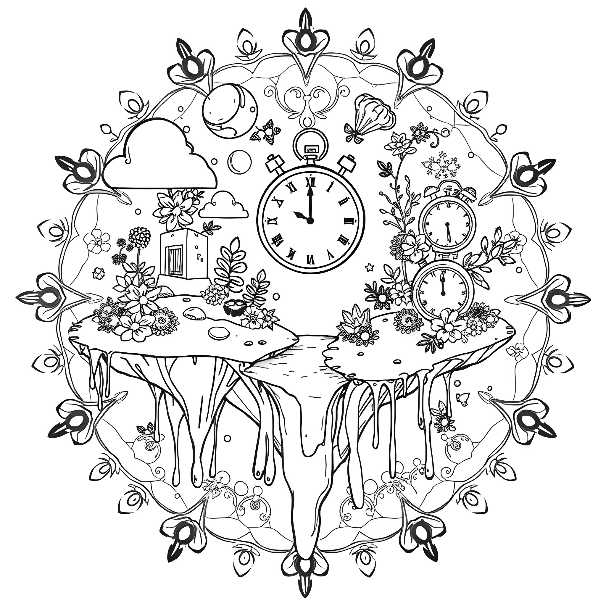 Mandala with floral patterns and time-related elements Coloring Page (free black-and-white line drawing printable PDF for all, from beginners to advanced learners, including children, teens, adults, and seniors)
