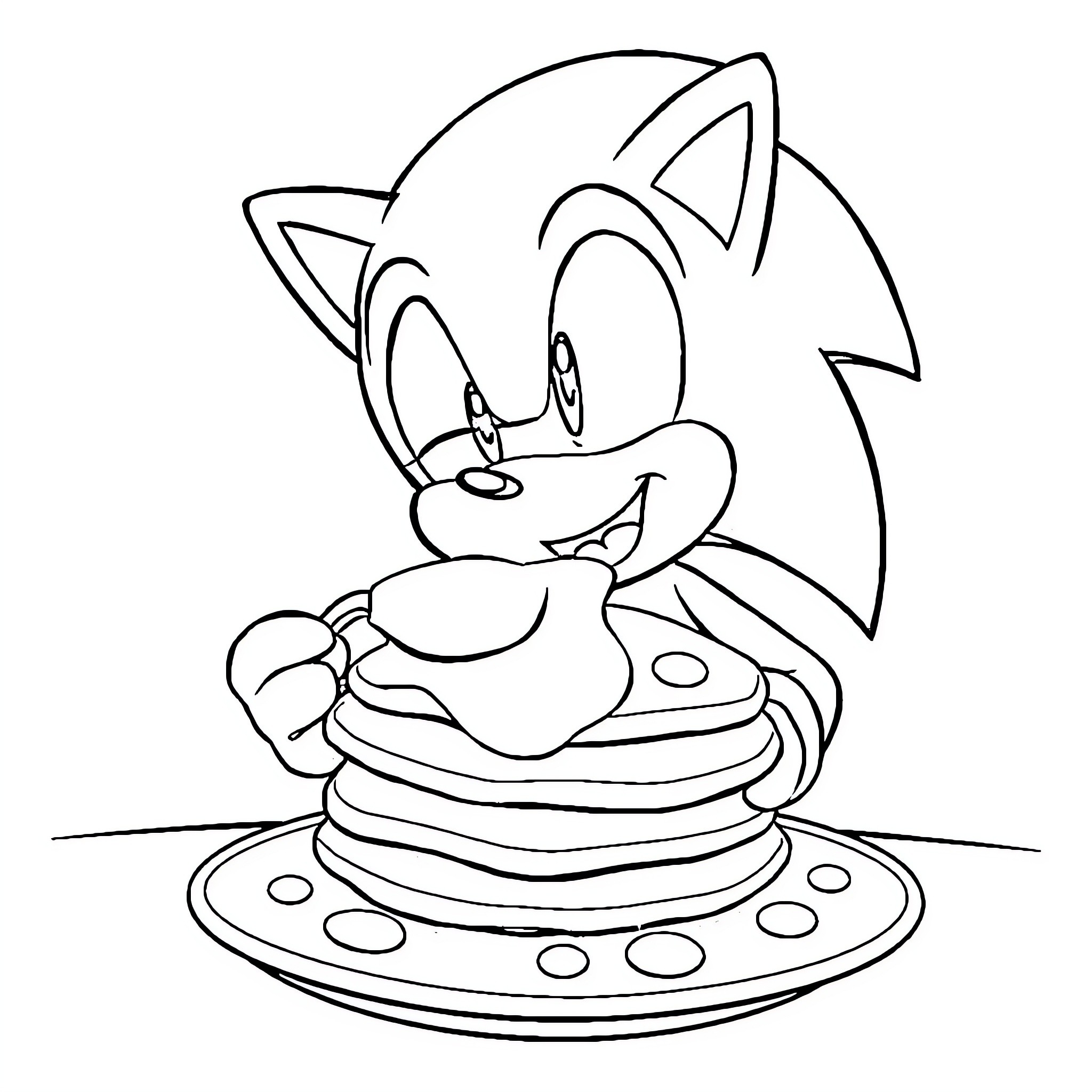 Sonic enjoying a stack of pancakes Coloring Page (free black-and-white line drawing printable PDF for all, from beginners to advanced learners, including children, teens, adults, and seniors)