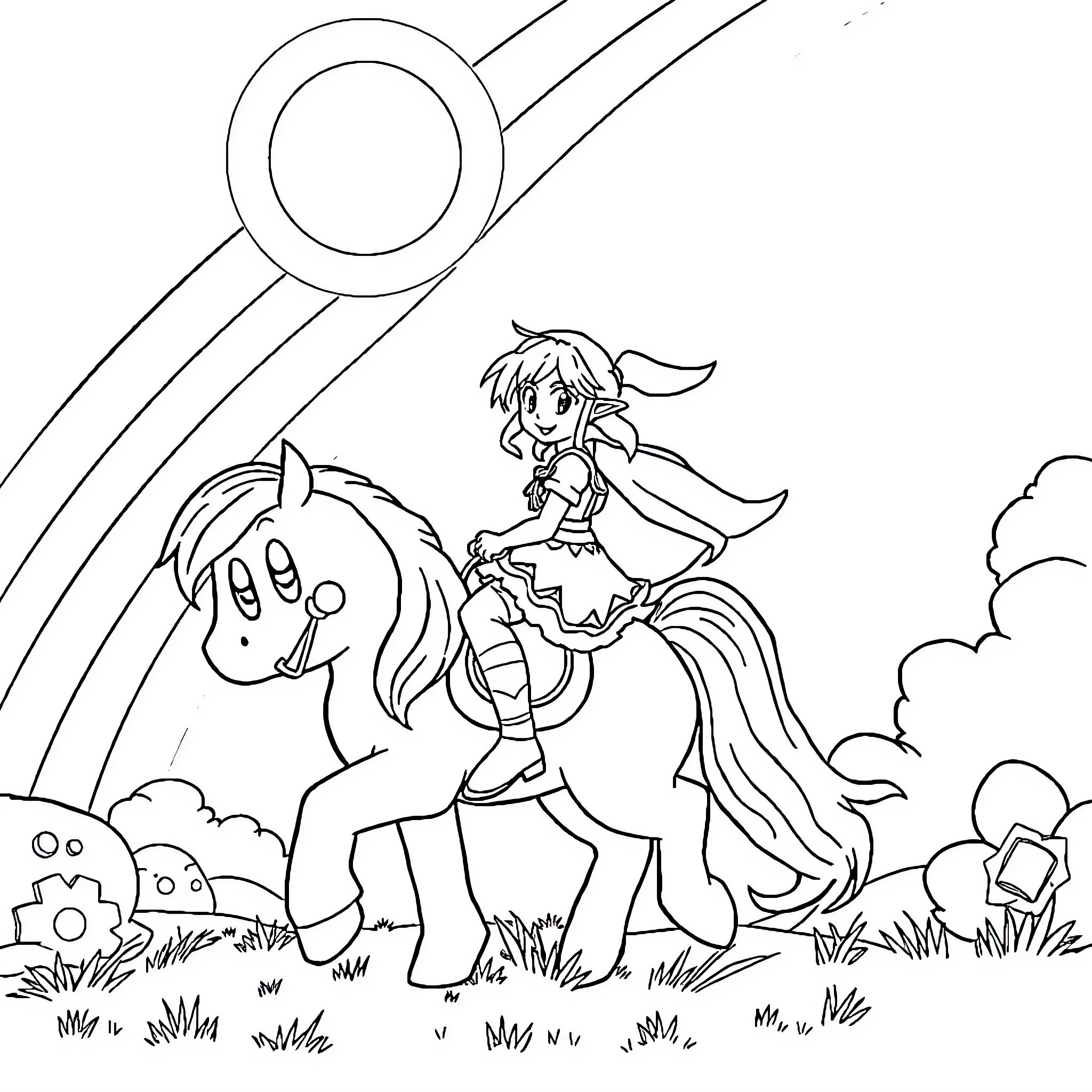 Kirby character riding a pony in the meadow Coloring Page (free black-and-white line drawing printable PDF for all, from beginners to advanced learners, including children, teens, adults, and seniors)