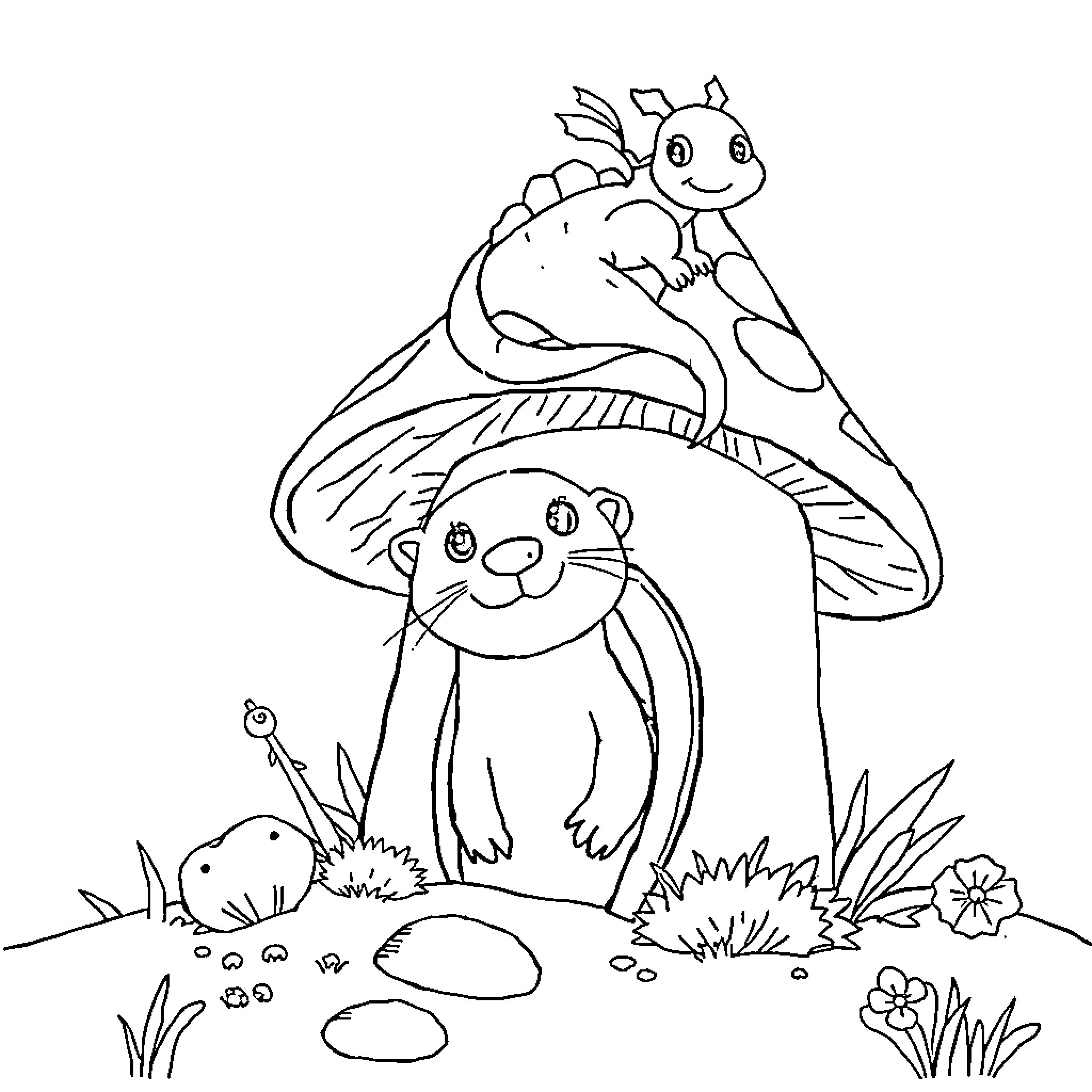 Otter and cat enjoying nature together Coloring Page (free black-and-white line drawing printable PDF for all, from beginners to advanced learners, including children, teens, adults, and seniors)