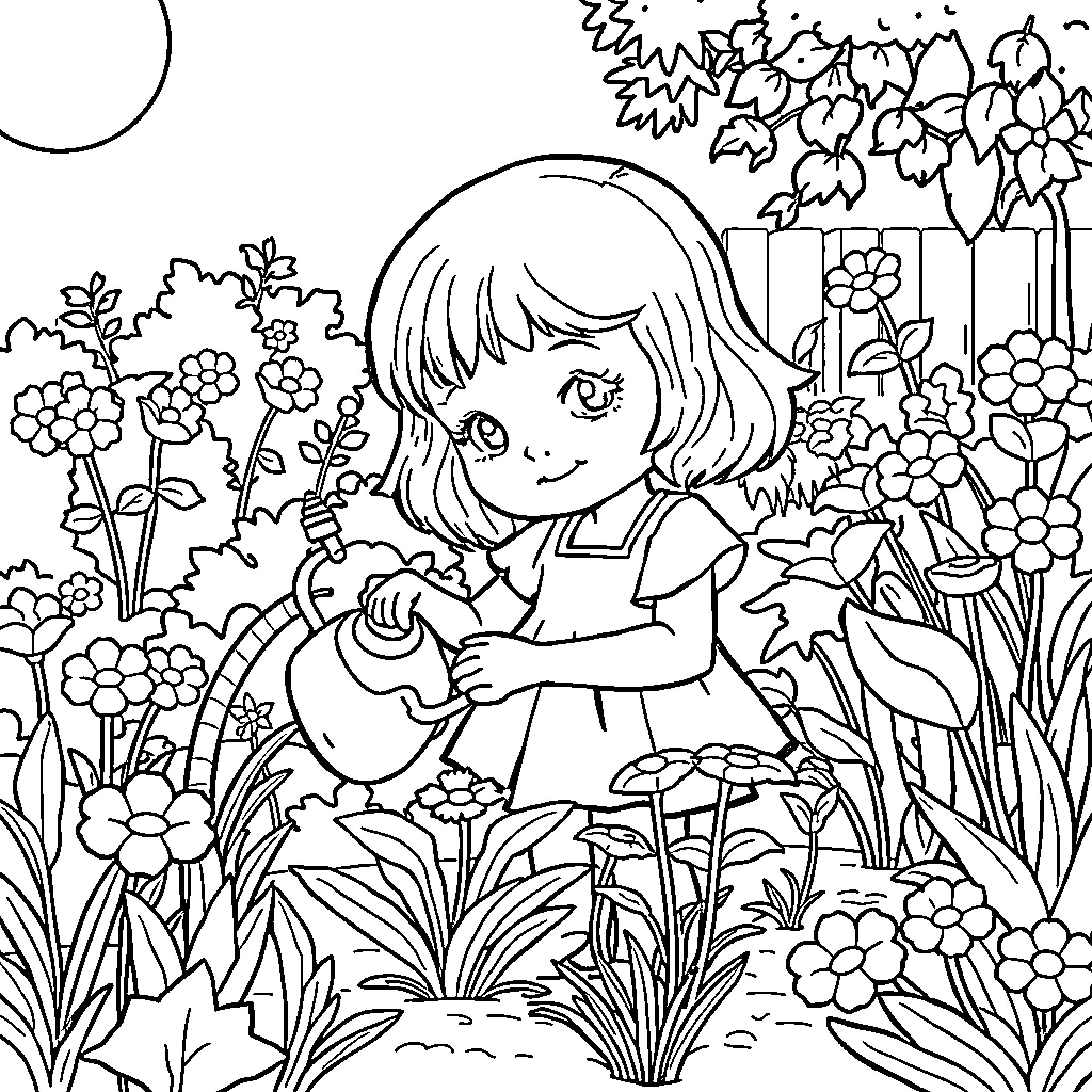 Girl admiring beautiful flowers in a garden Coloring Page (free black-and-white line drawing printable PDF for all, from beginners to advanced learners, including children, teens, adults, and seniors)