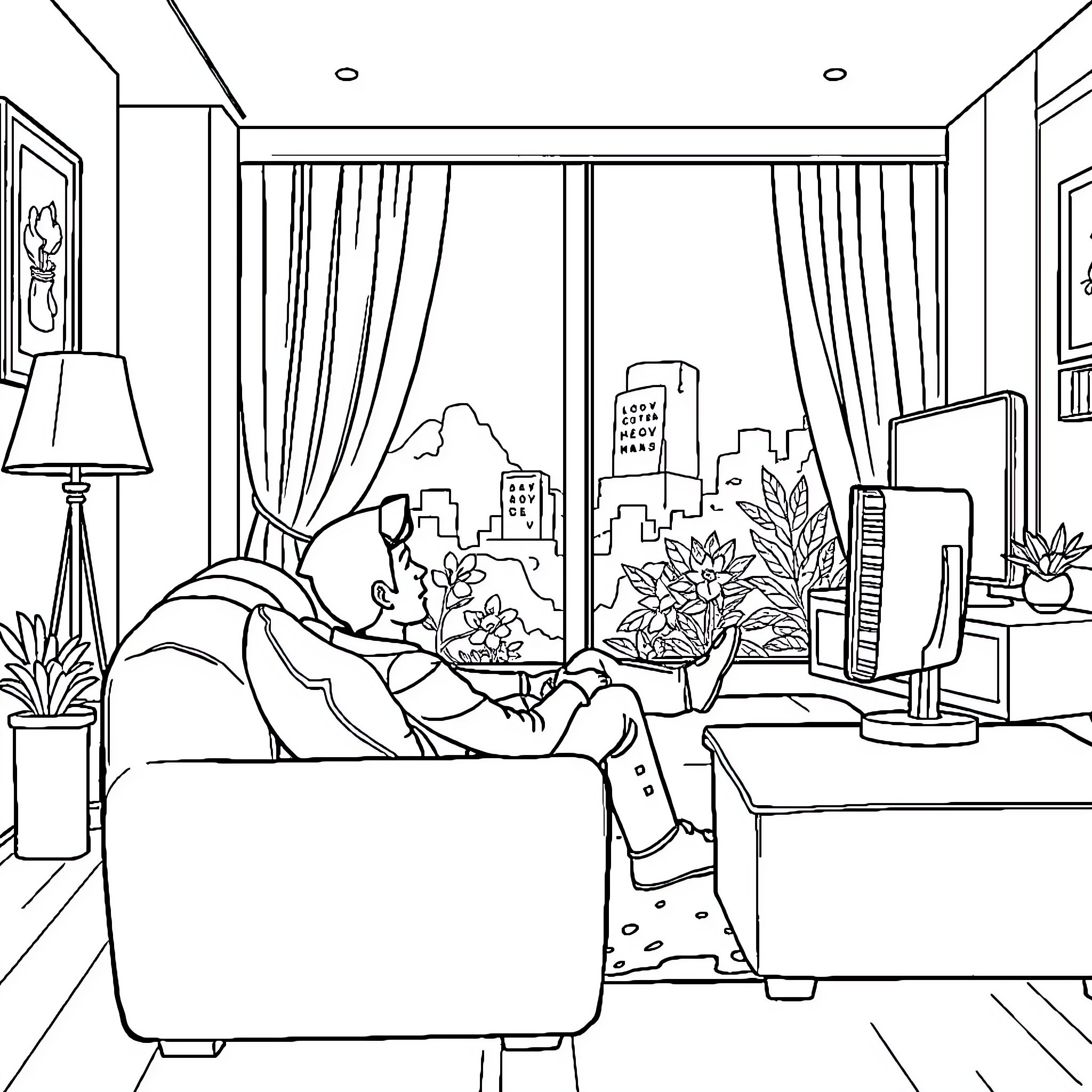 Person relaxing on couch in home interior Coloring Page (free black-and-white line drawing printable PDF for all, from beginners to advanced learners, including children, teens, adults, and seniors)