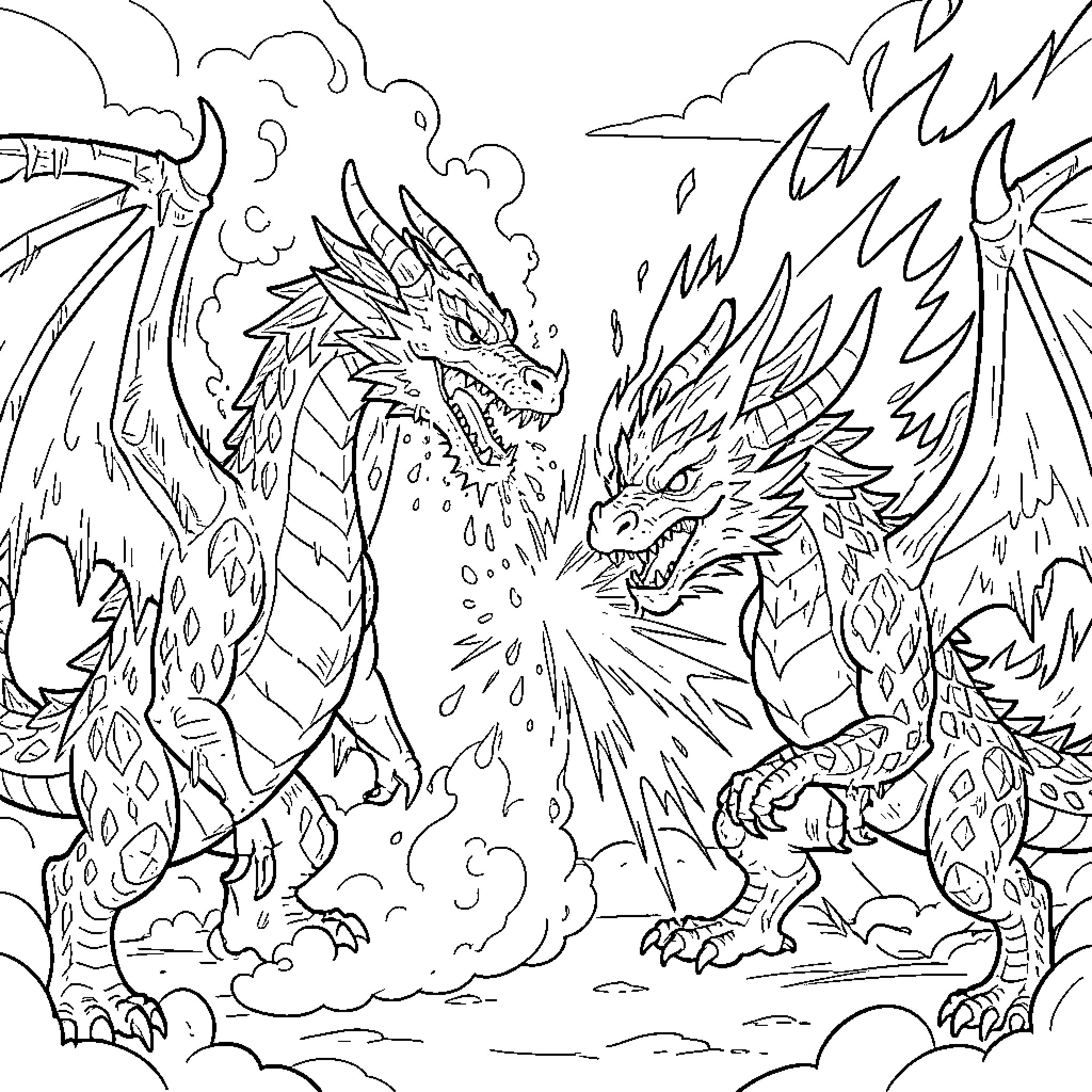 Dragons Battling Ferociously in Mythical Landscape Coloring Page (free black-and-white line drawing printable PDF for all, from beginners to advanced learners, including children, teens, adults, and seniors)