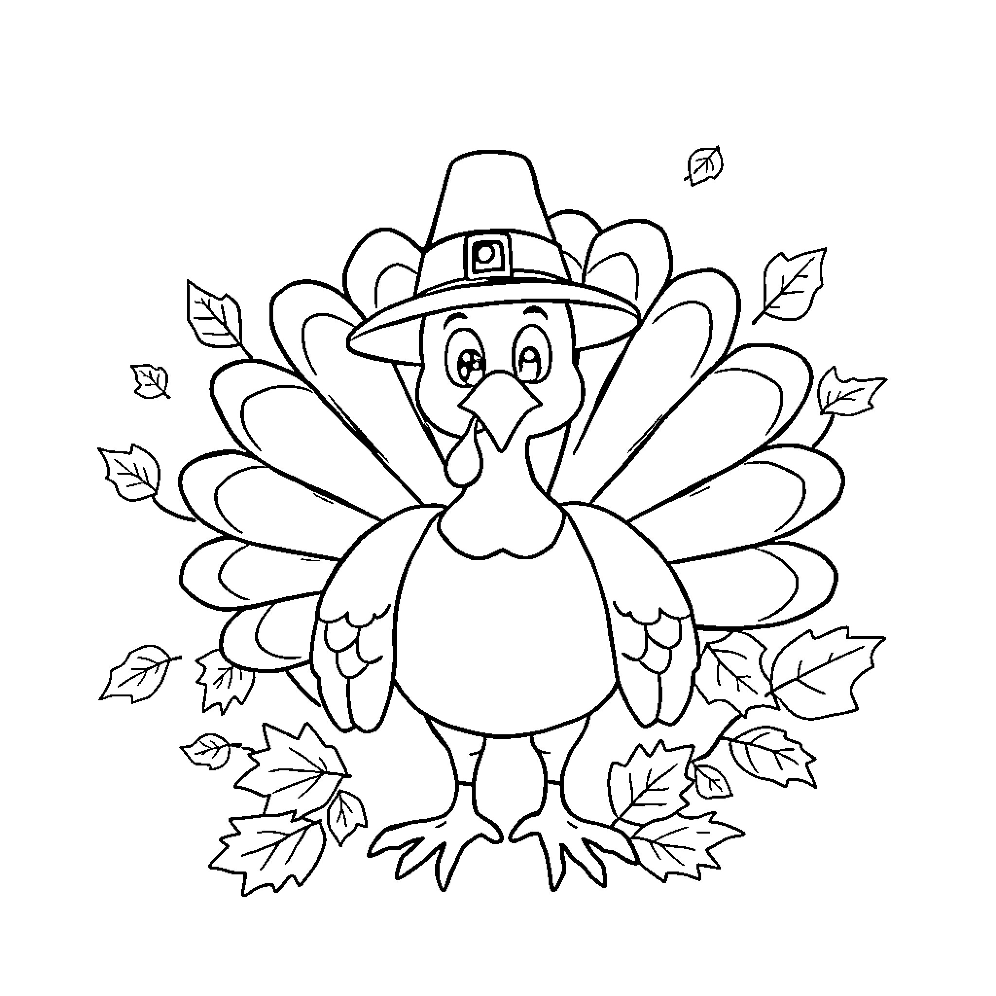 Turkey wearing a pilgrim hat with autumn leaves Coloring Page (free black-and-white line drawing printable PDF for all, from beginners to advanced learners, including children, teens, adults, and seniors)