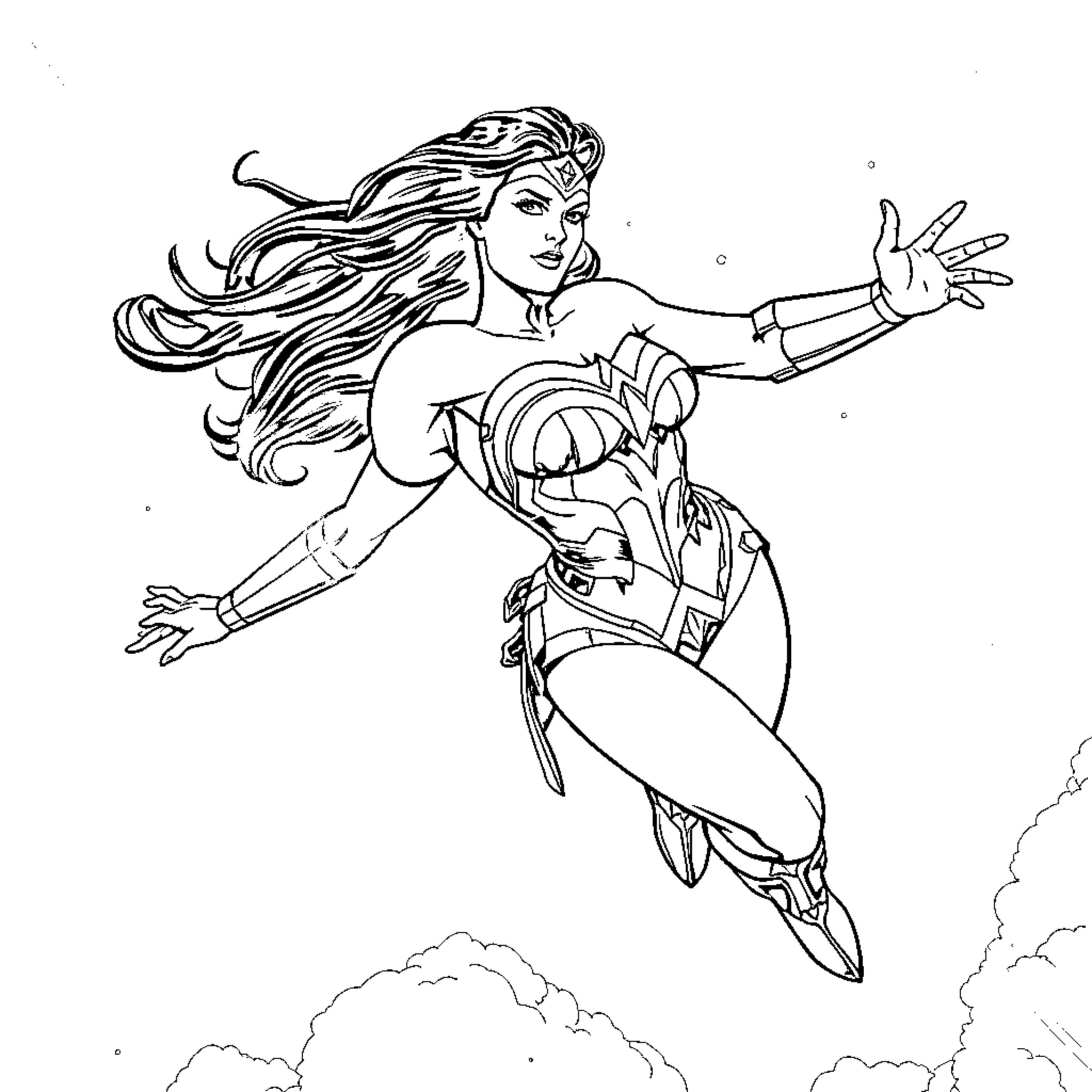 Wonder Woman heroically leaping in action pose Coloring Page (free black-and-white line drawing printable PDF for all, from beginners to advanced learners, including children, teens, adults, and seniors)
