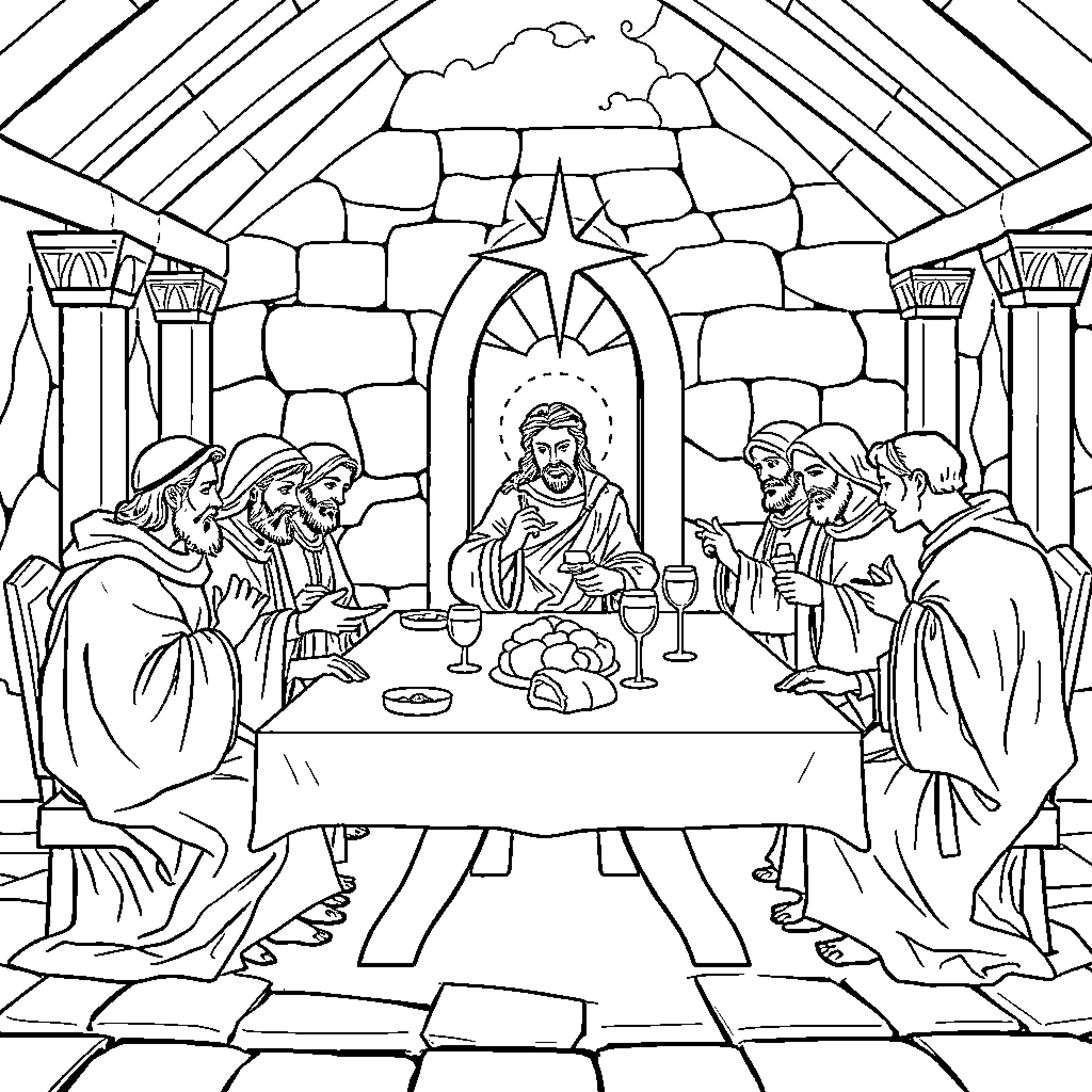 Last Supper with Disciples Gathered at the Table Coloring Page (free black-and-white line drawing printable PDF for all, from beginners to advanced learners, including children, teens, adults, and seniors)