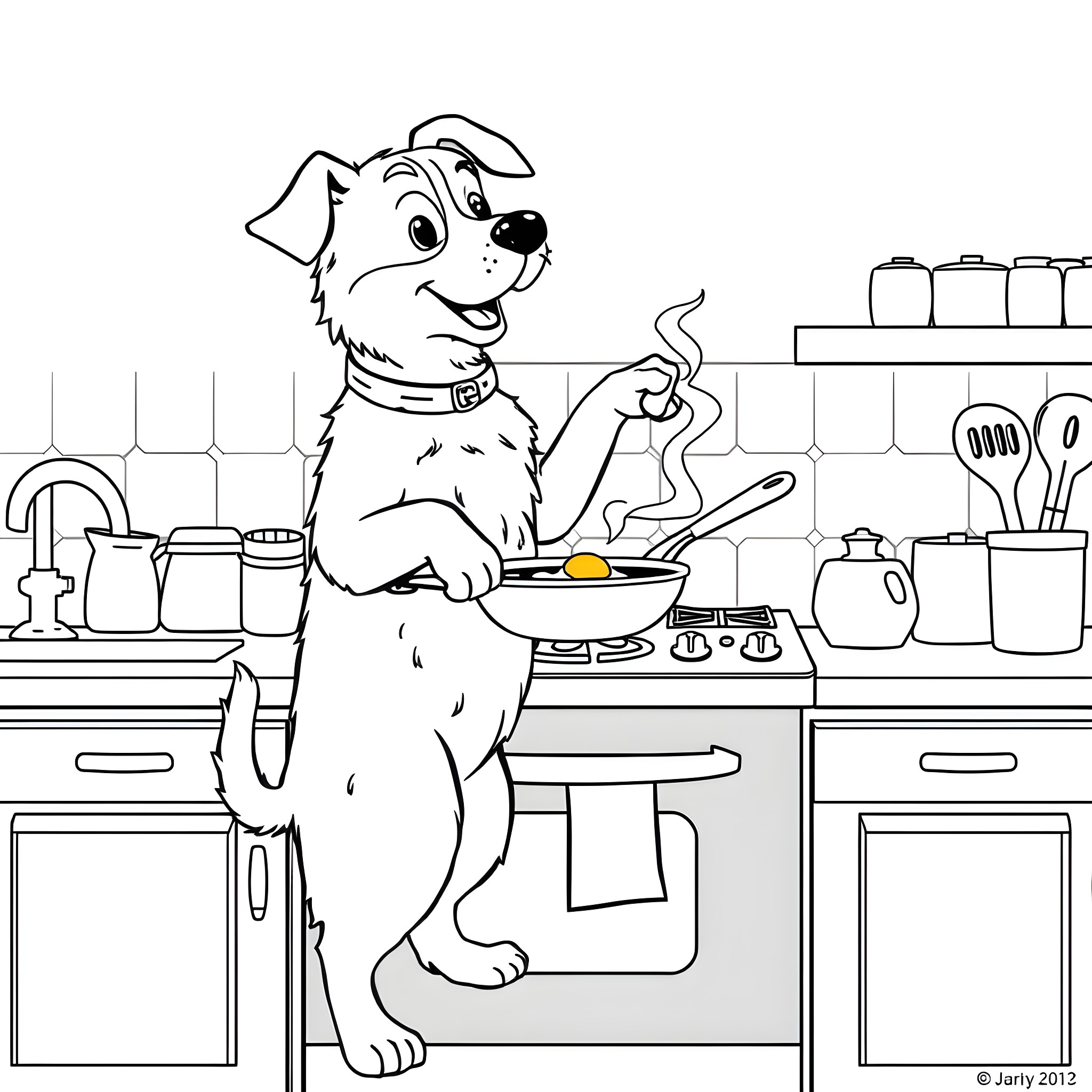 Dog cooking happily in the kitchen Coloring Page (free black-and-white line drawing printable PDF for all, from beginners to advanced learners, including children, teens, adults, and seniors)
