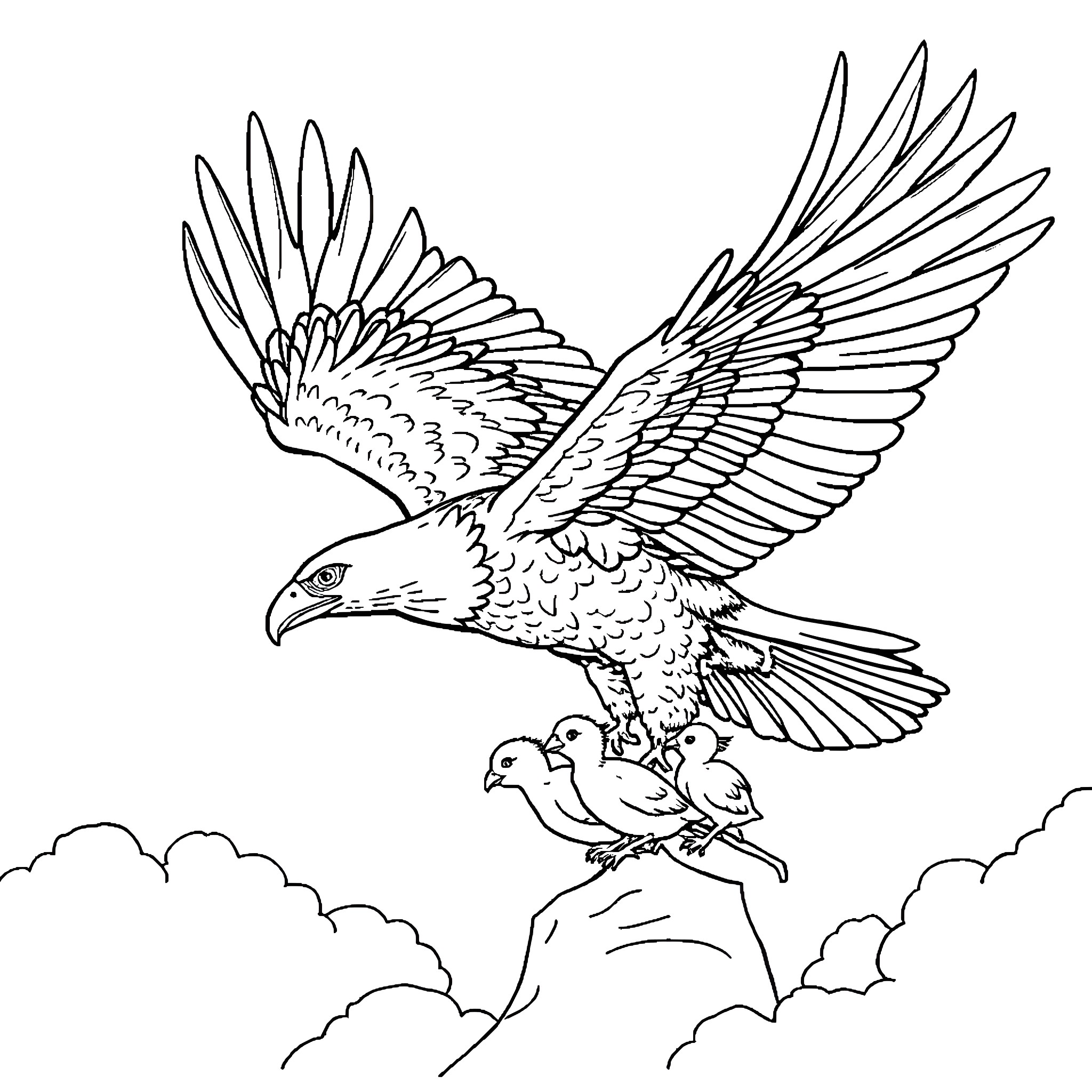 Eagle soaring gracefully with chicks in the sky Coloring Page (free black-and-white line drawing printable PDF for all, from beginners to advanced learners, including children, teens, adults, and seniors)