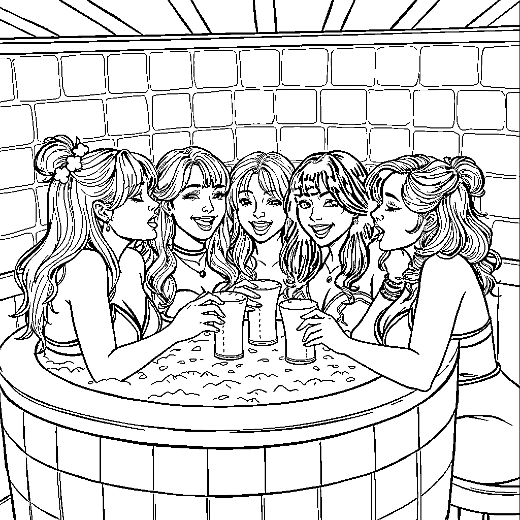 Guerreras Enjoying Refreshing Beverages Together Coloring Page (free black-and-white line drawing printable PDF for all, from beginners to advanced learners, including children, teens, adults, and seniors)