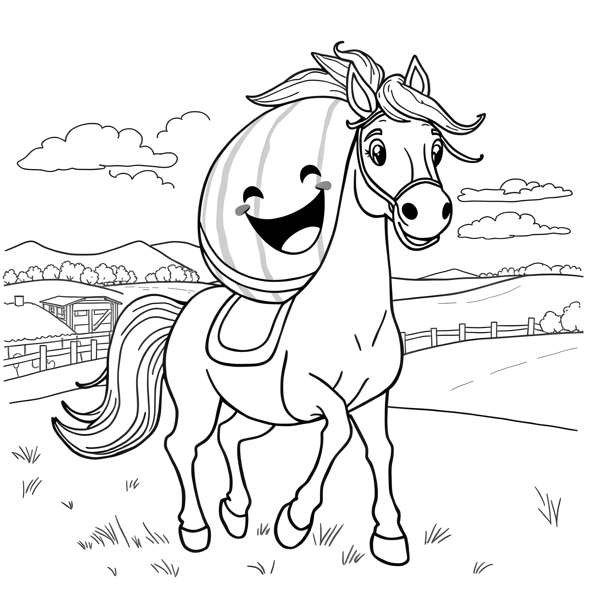 Watermelon-shaped horse in a rural countryside scene Coloring Page (free black-and-white line drawing printable PDF for all, from beginners to advanced learners, including children, teens, adults, and seniors)
