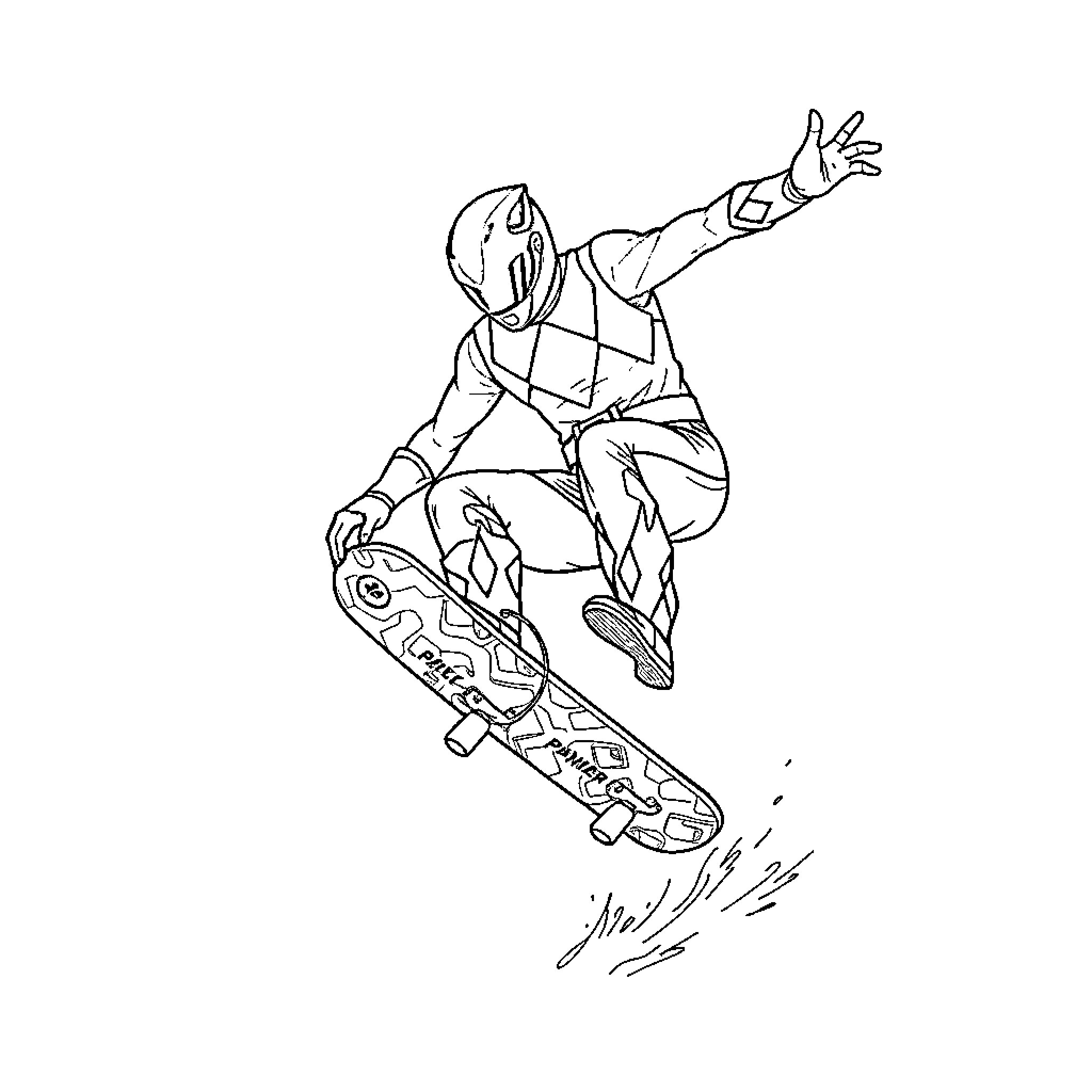 Power Ranger Performing High-Flying Skateboard Trick Coloring Page (free black-and-white line drawing printable PDF for all, from beginners to advanced learners, including children, teens, adults, and seniors)