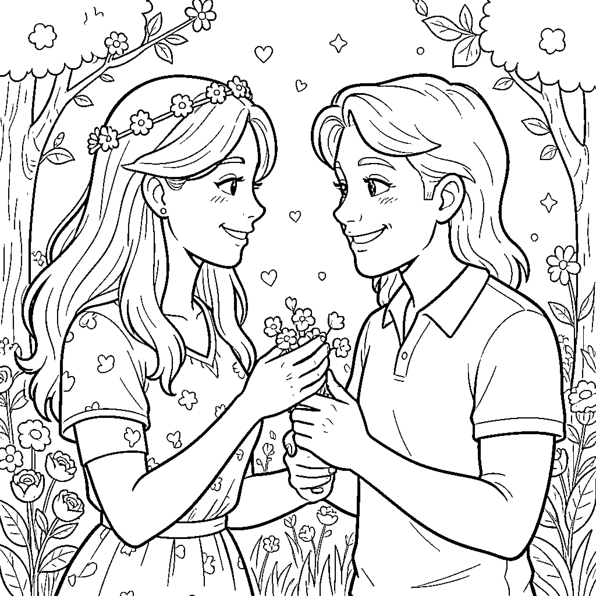 Cat couple in floral garden Coloring Page (free black-and-white line drawing printable PDF for all, from beginners to advanced learners, including children, teens, adults, and seniors)