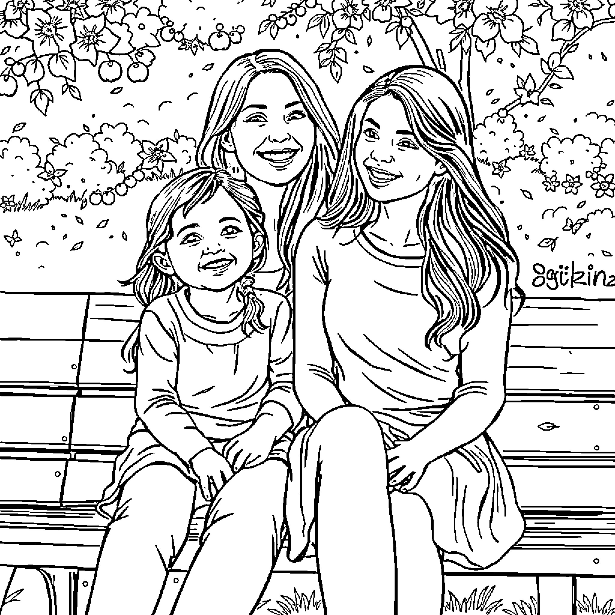 Mom's Joyful Outing with Daughters in Nature Coloring Page (free black-and-white line drawing printable PDF for all, from beginners to advanced learners, including children, teens, adults, and seniors)