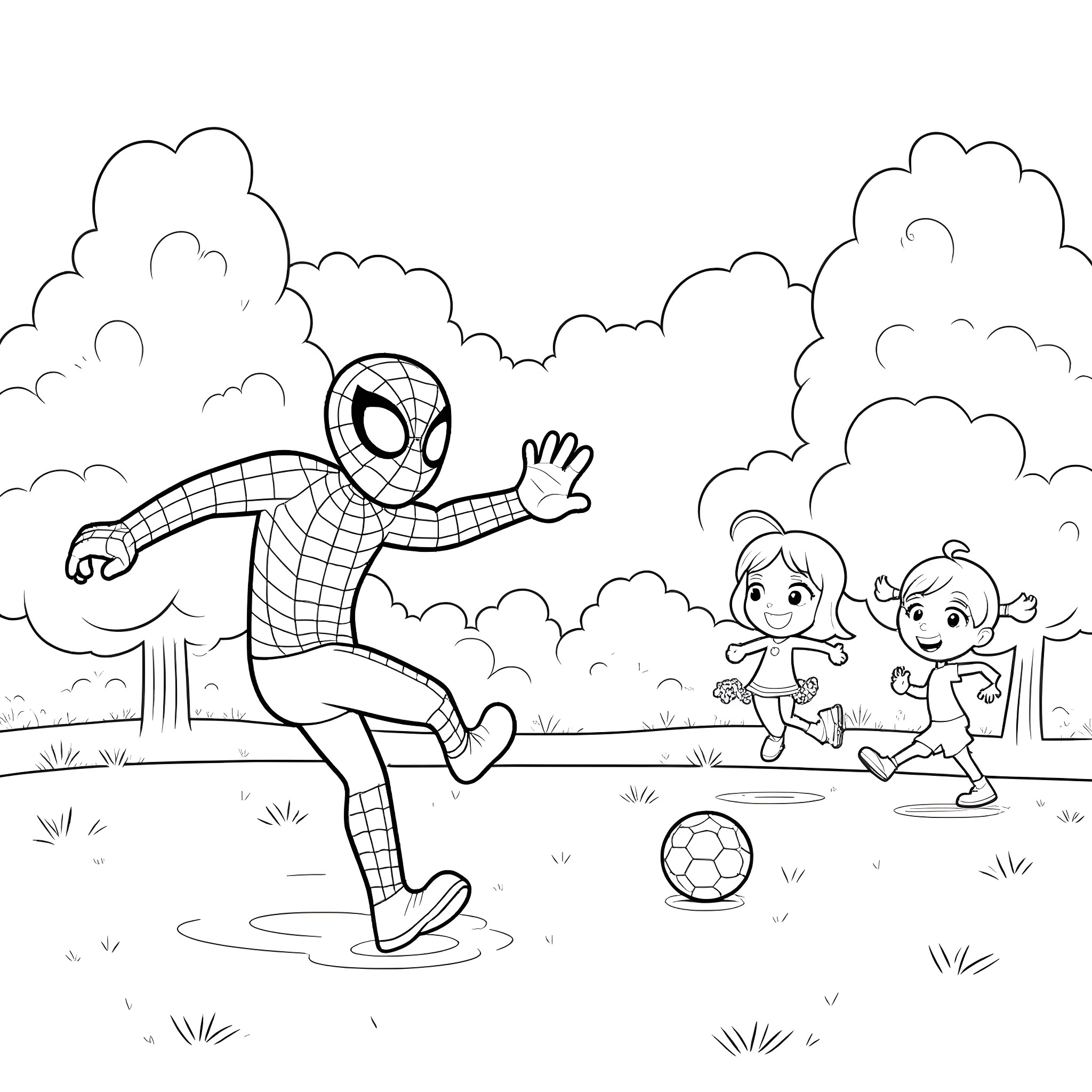 Spidey plays soccer with children in the park Coloring Page (free black-and-white line drawing printable PDF for all, from beginners to advanced learners, including children, teens, adults, and seniors)