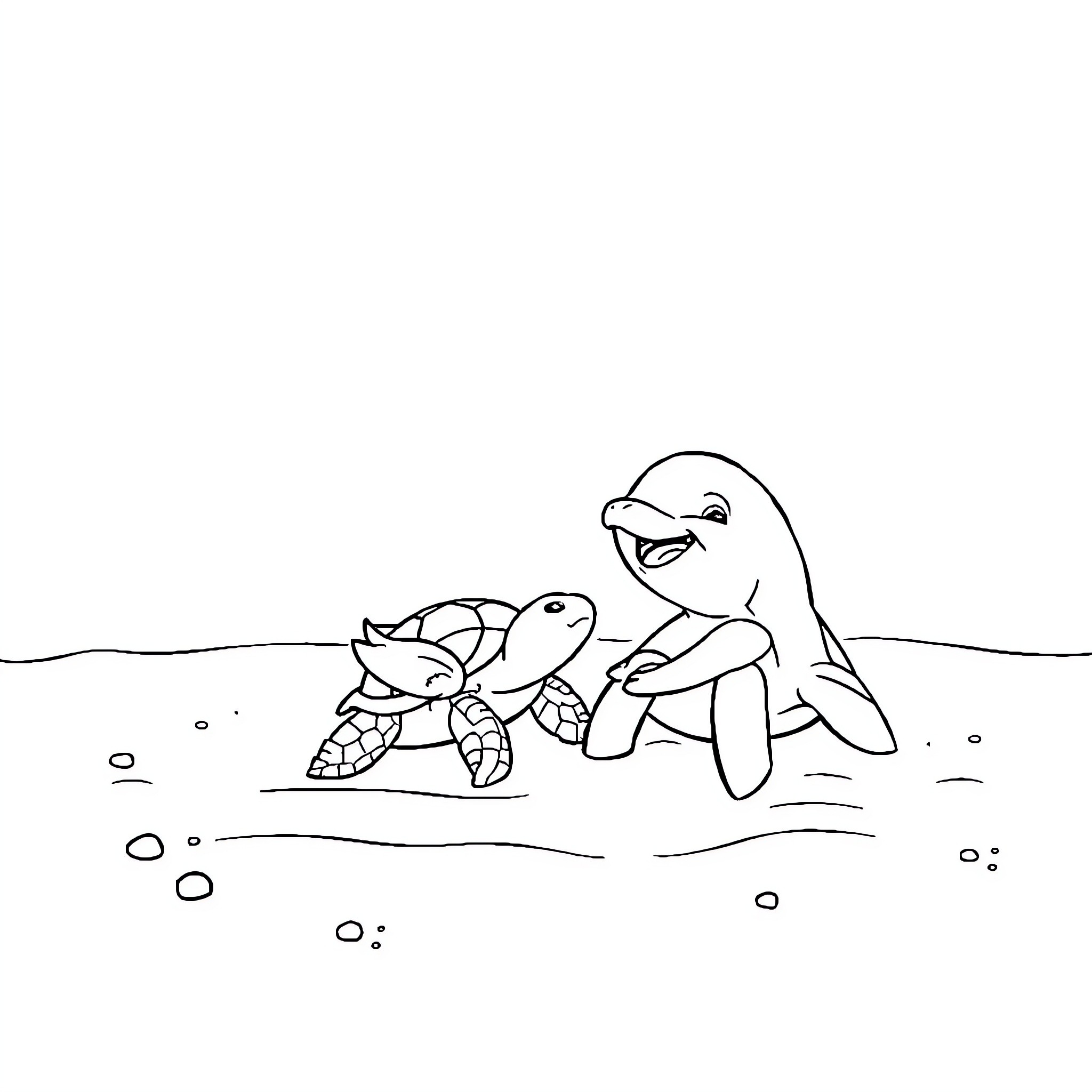 Dolphins swimming playfully with sea turtles Coloring Page (free black-and-white line drawing printable PDF for all, from beginners to advanced learners, including children, teens, adults, and seniors)