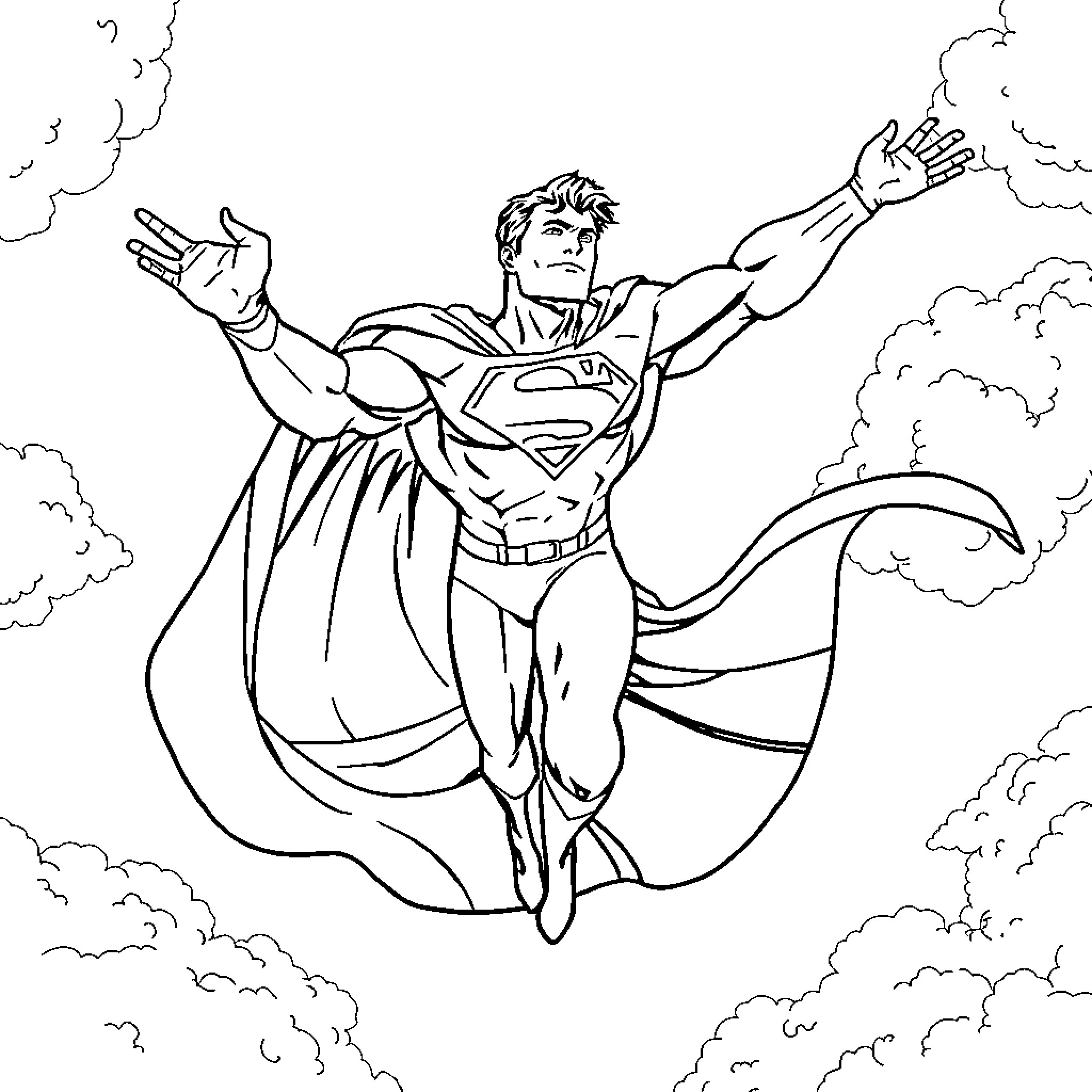 Superman soaring through the clouds with outstretched arms Coloring Page (free black-and-white line drawing printable PDF for all, from beginners to advanced learners, including children, teens, adults, and seniors)
