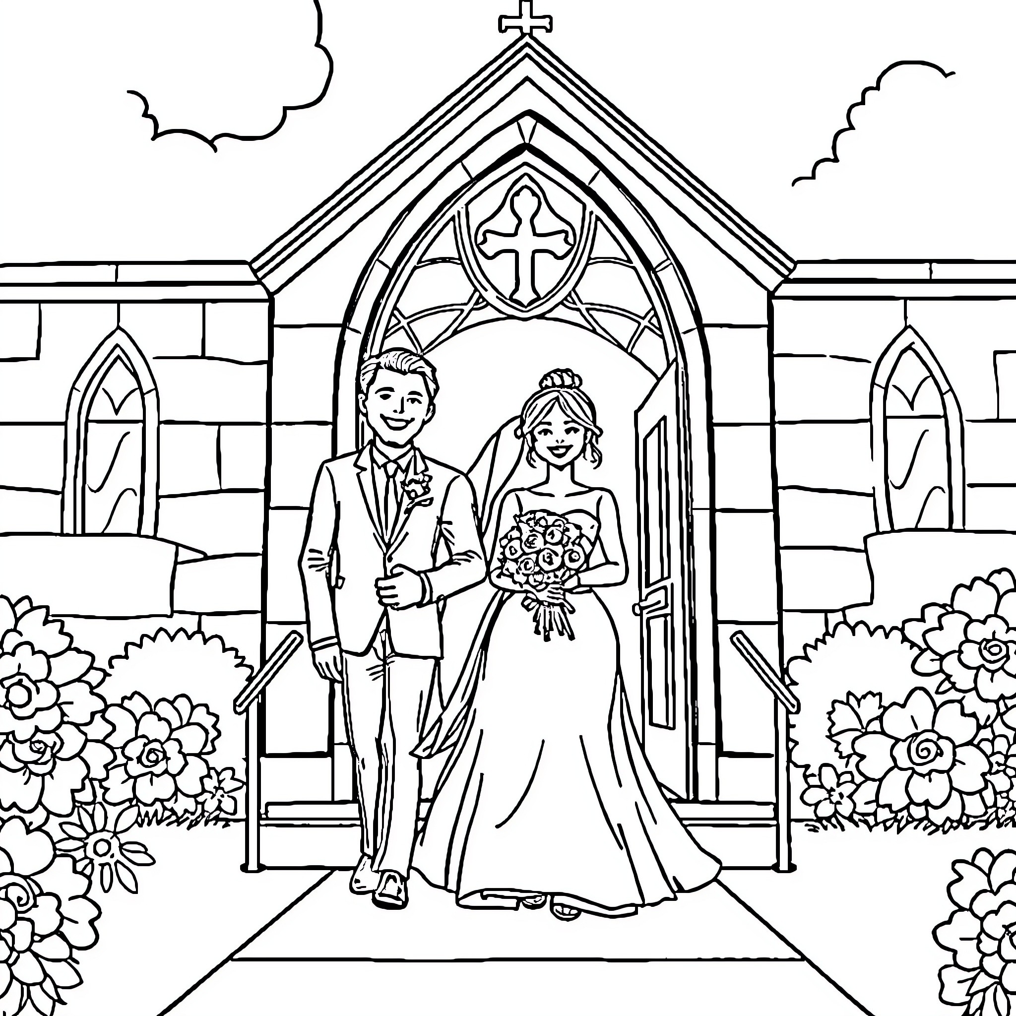 Couple getting married at a church Coloring Page (free black-and-white line drawing printable PDF for all, from beginners to advanced learners, including children, teens, adults, and seniors)
