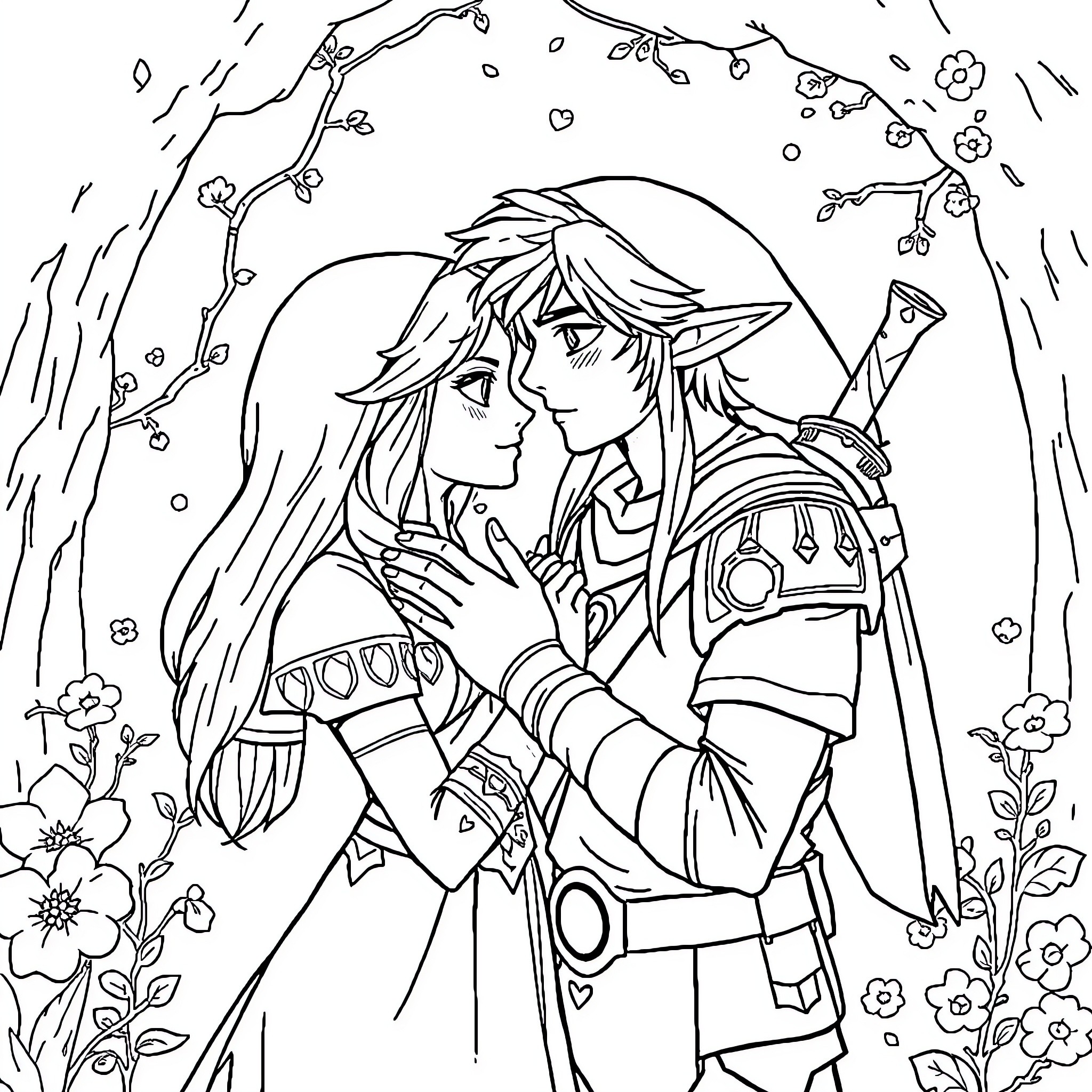 Zelda's Enchanted Embrace: A Romantic Interlude Coloring Page (free black-and-white line drawing printable PDF for all, from beginners to advanced learners, including children, teens, adults, and seniors)
