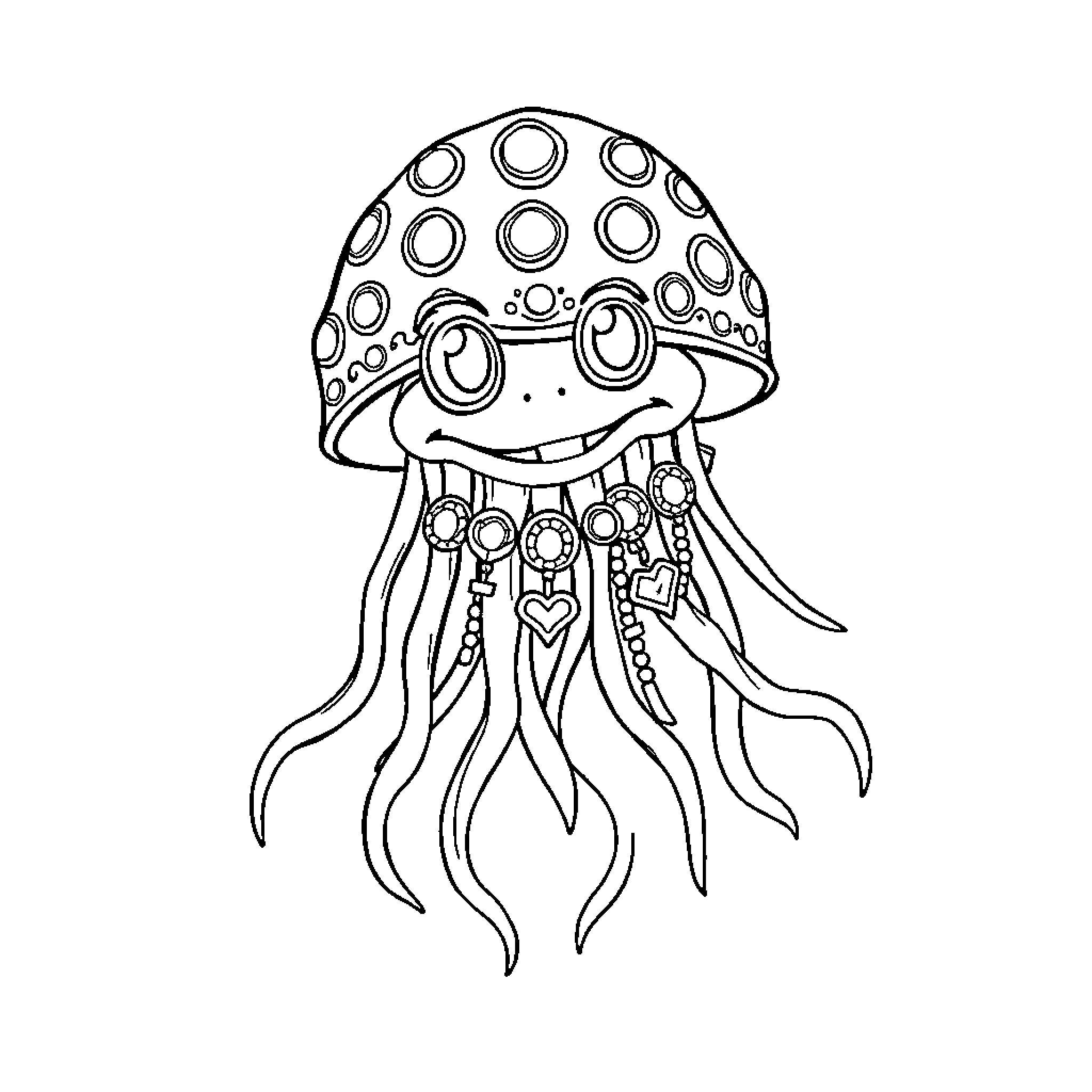 Jellyfish with cheerful expression and ornate hat Coloring Page (free black-and-white line drawing printable PDF for all, from beginners to advanced learners, including children, teens, adults, and seniors)