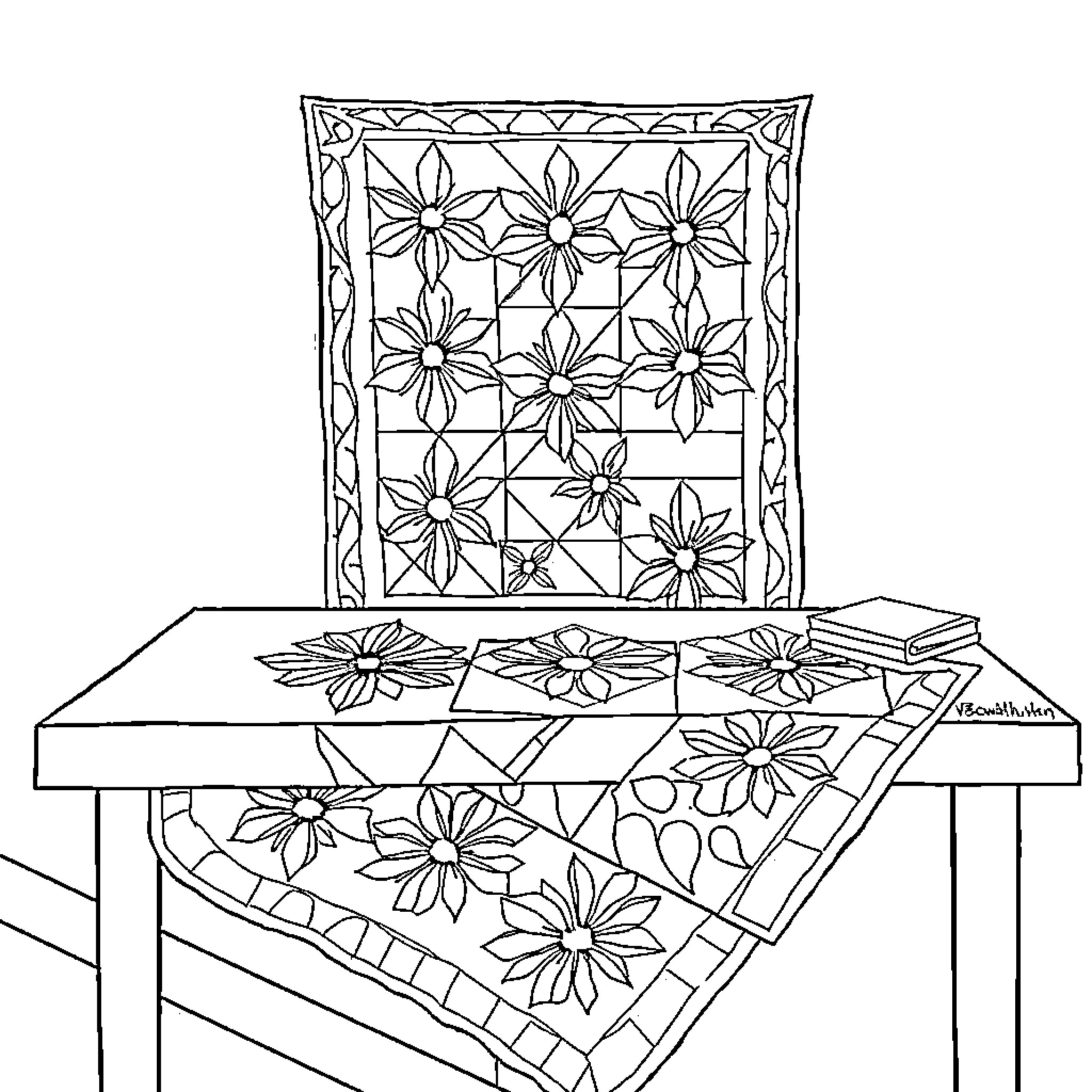 Quilting with floral designs and patterns Coloring Page (free black-and-white line drawing printable PDF for all, from beginners to advanced learners, including children, teens, adults, and seniors)